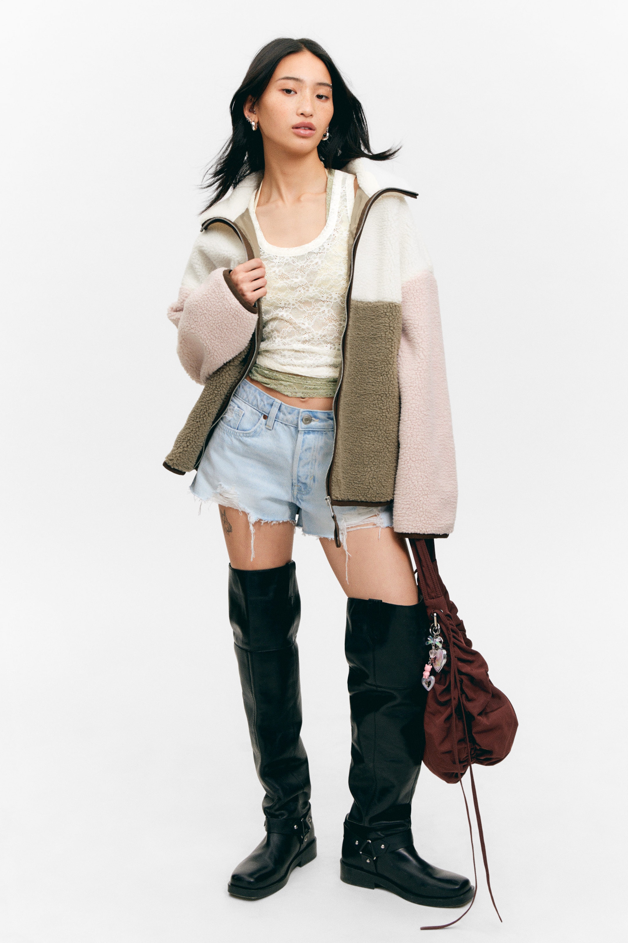 White/Khaki/Pink - Loose Fleece Zip Jacket - 1