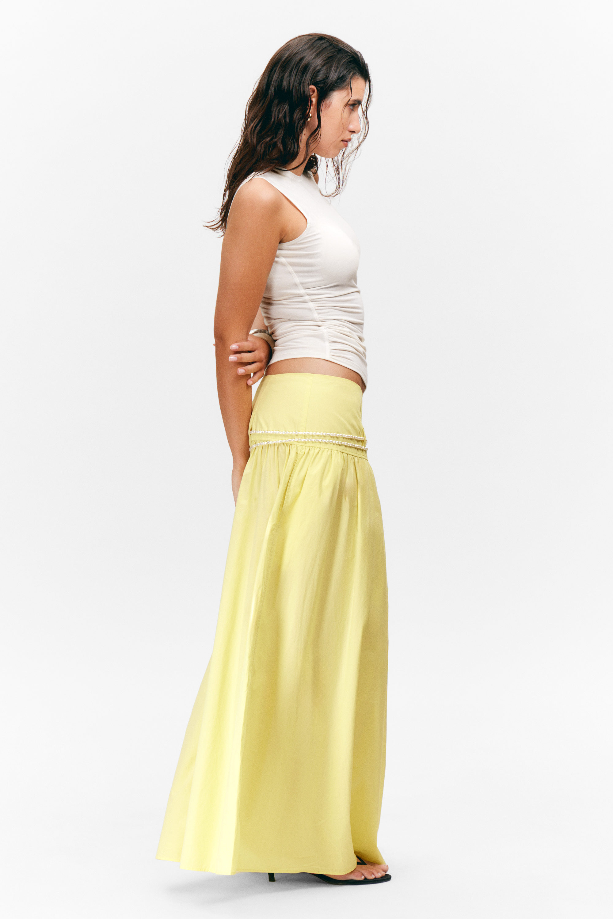 Light Yellow - Rynkad maxikjol i bomullspoplin - 2