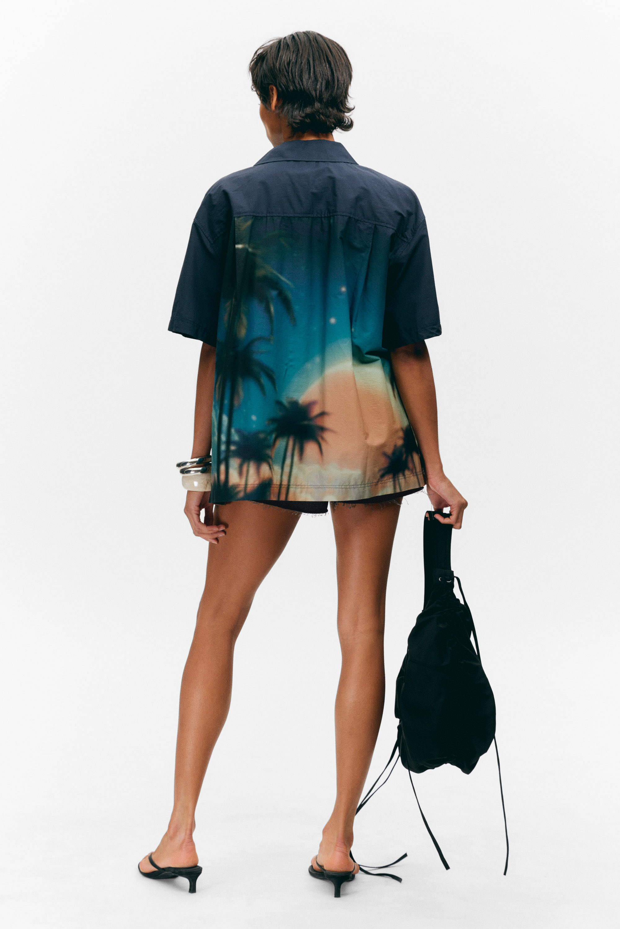 Dark Blue - Palm Fiction - Oversized Short-Sleeved Cotton Poplin Shirt - 3