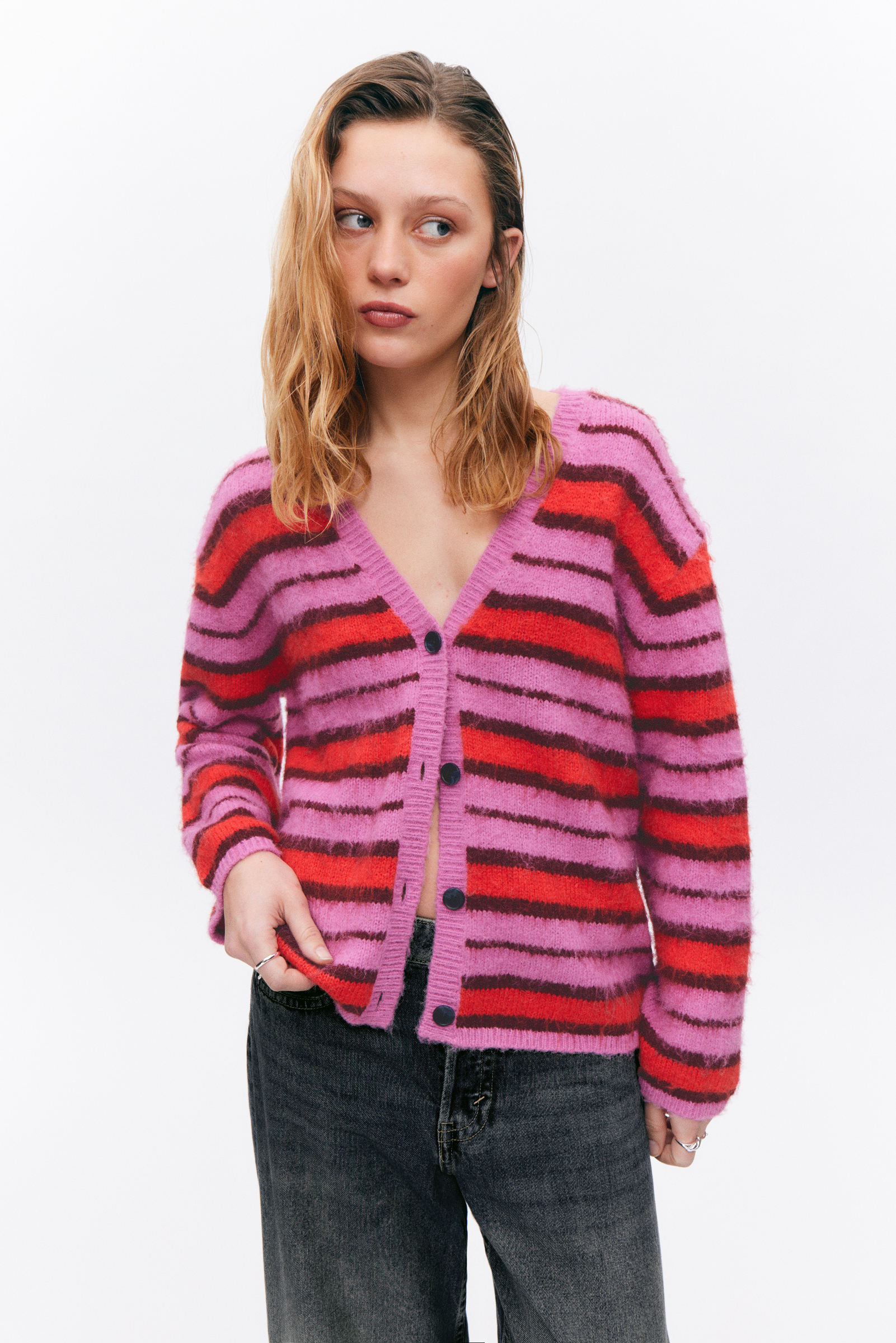 fluffy knit cardigan - Red | Monki WW