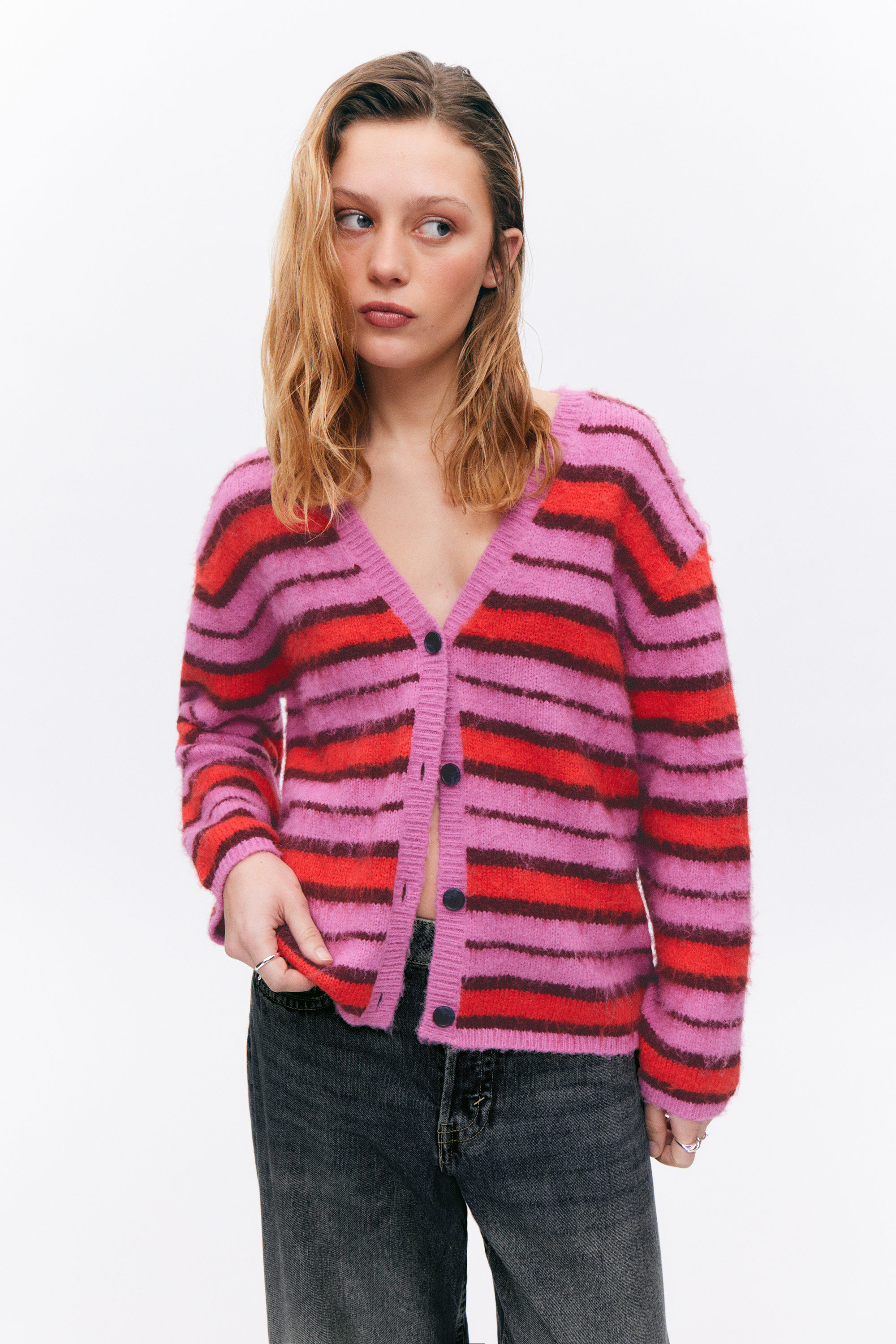 Pink & Red Stripe - Fluffy knit cardigan - 1