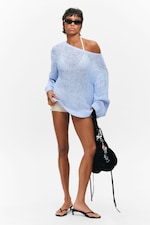 Light Blue - Loose Open-Knit Side Slit Sweater - 2