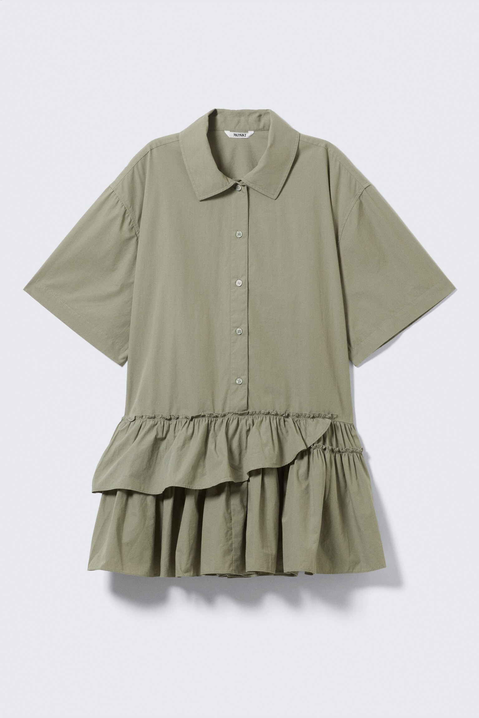 Oversized Ruffled Mini Shirt Dress - Khaki Green/White/Beige - 2