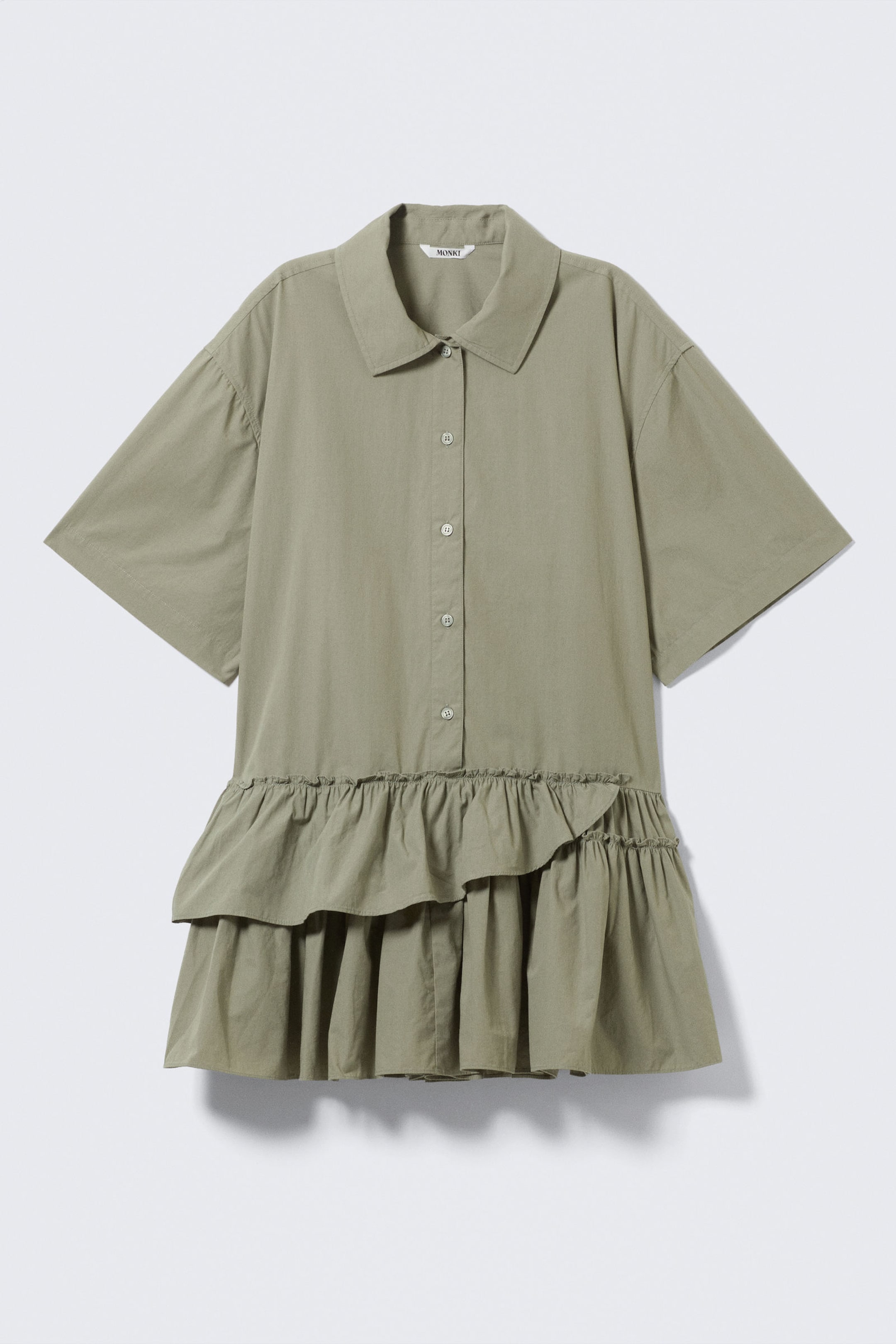 Khaki Green - Oversized Ruffled Mini Shirt Dress - 4