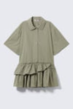 Khaki Green - Oversized Ruffled Mini Shirt Dress - 4