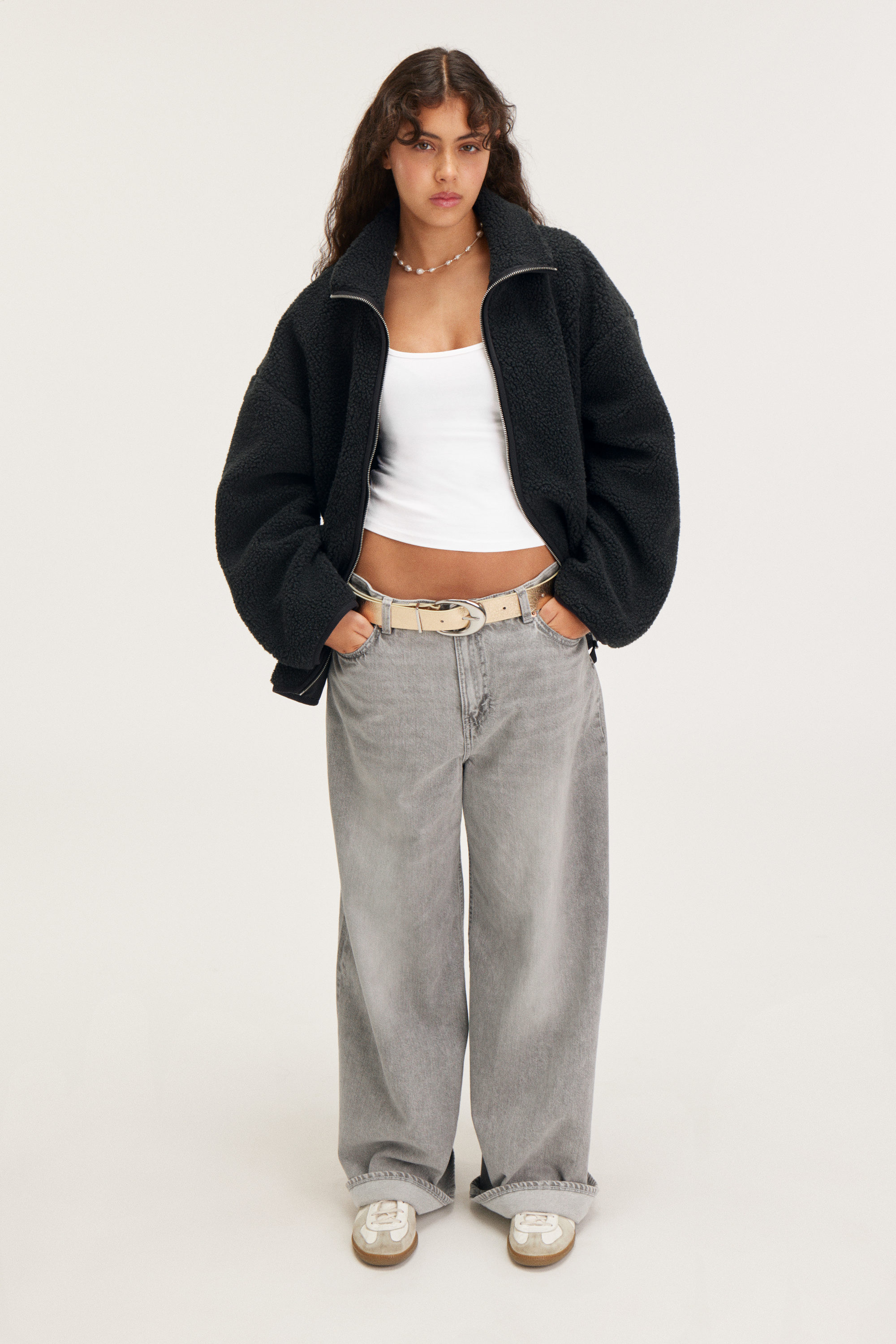 Black - Loose Fleece Zip Jacket - 1