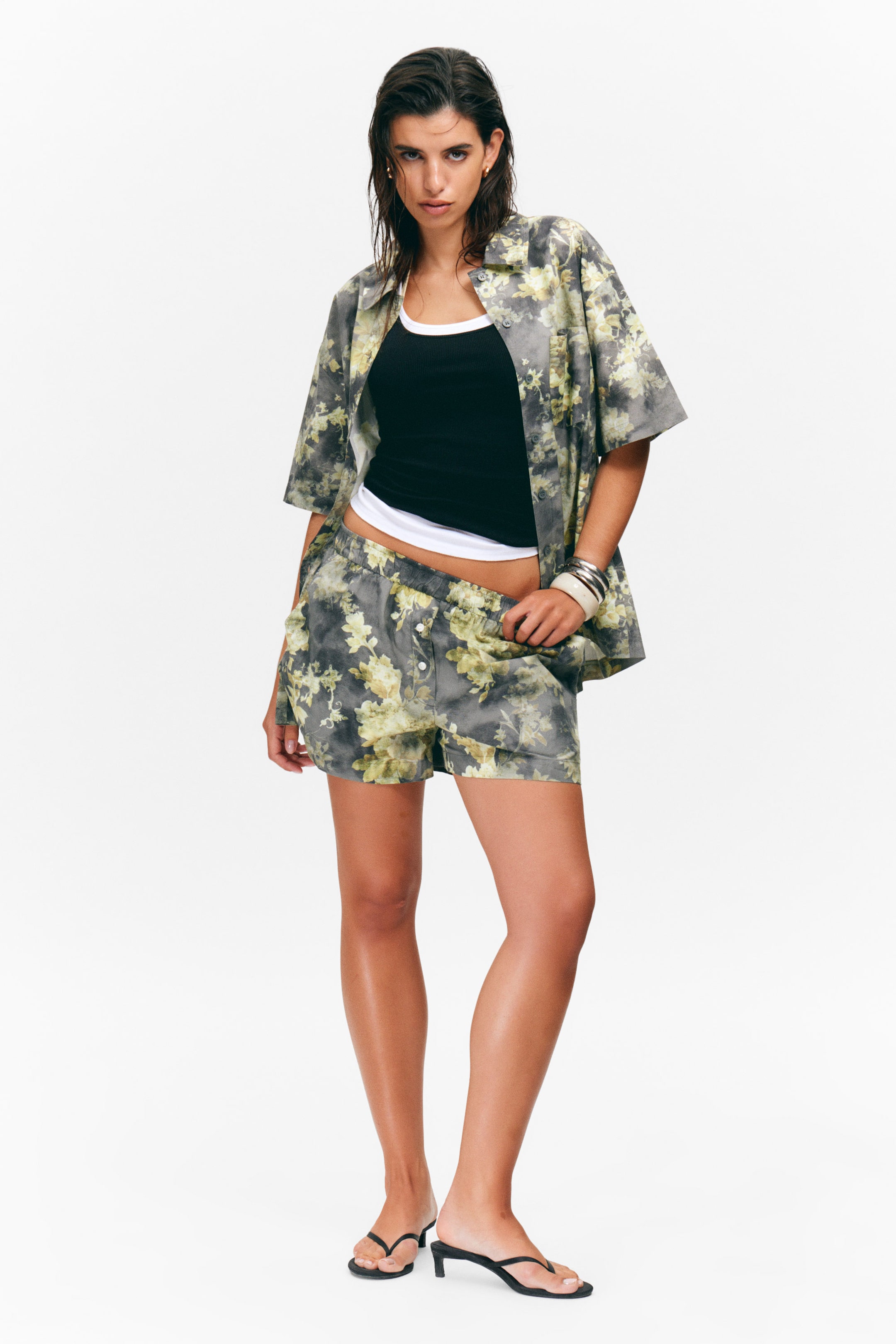 Dark Grey - Dirty Floral - Relaxed Cotton Boxer Shorts - 1