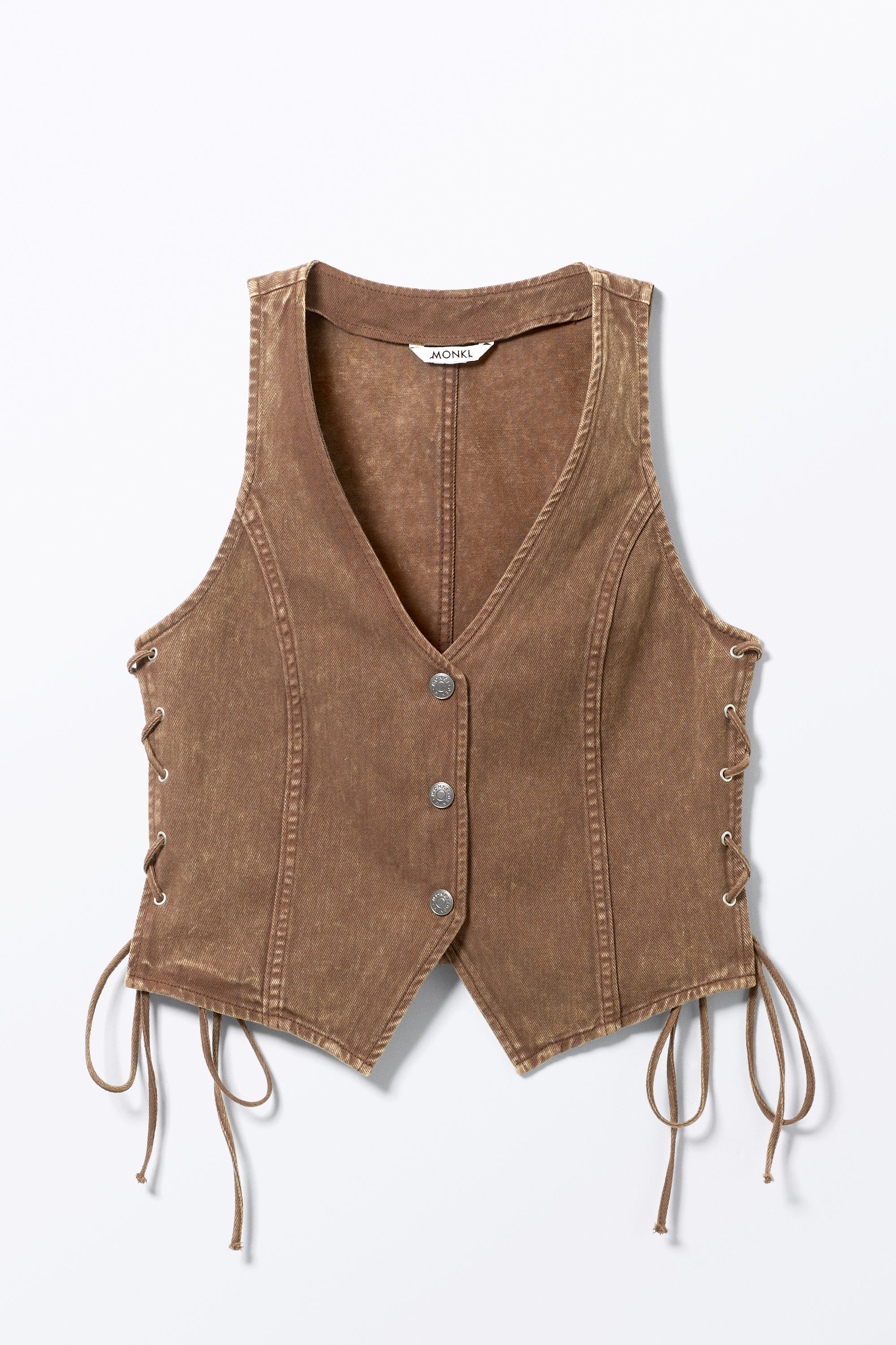 Washed Dark Brown - Sleeveless Lace-Up Denim Waistcoat - 4