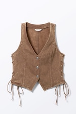 Washed Dark Brown - Sleeveless Lace-Up Denim Waistcoat - 0