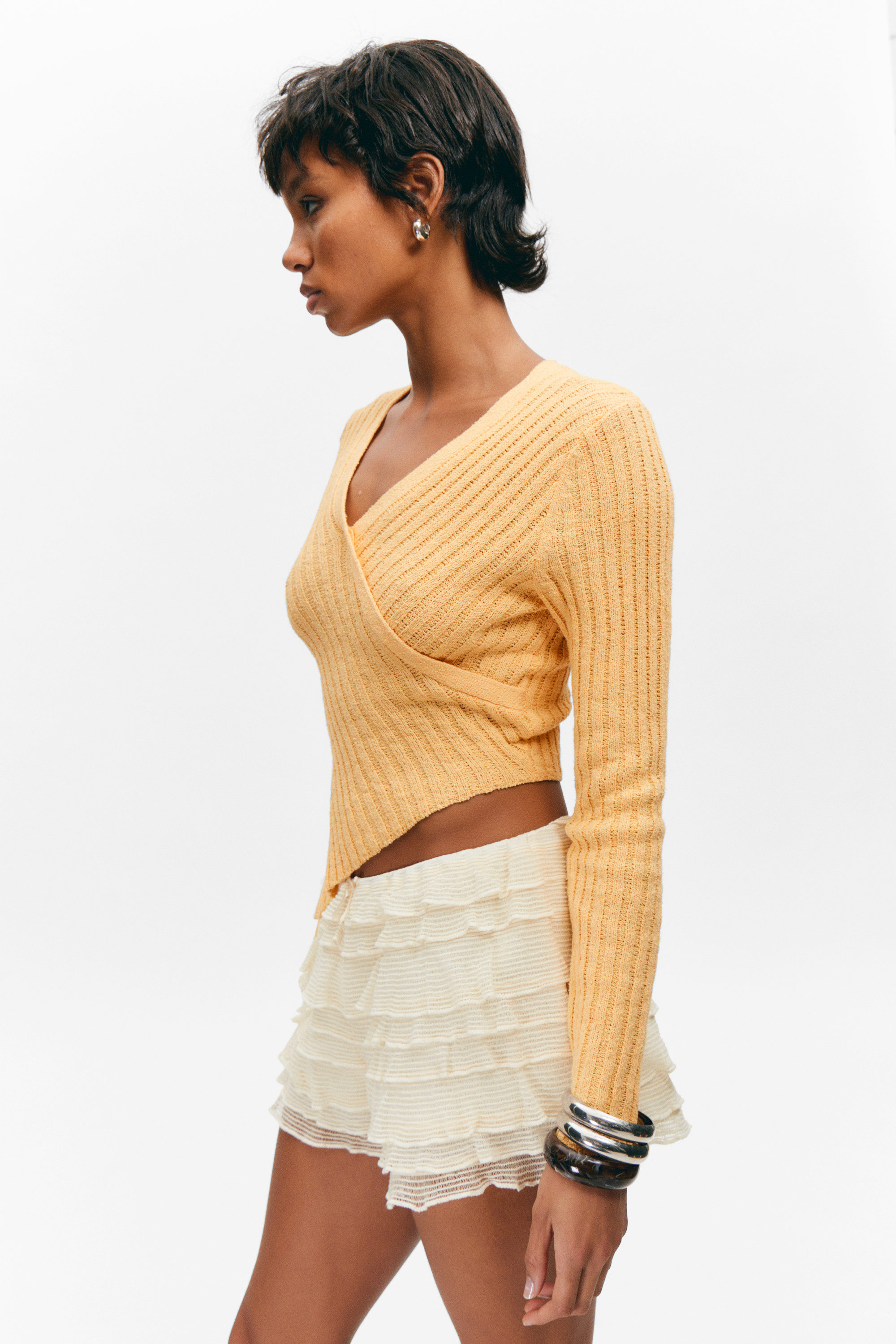 Yellow - Knitted Wrap-shaped Asymmetric V-neck Sweater - 2
