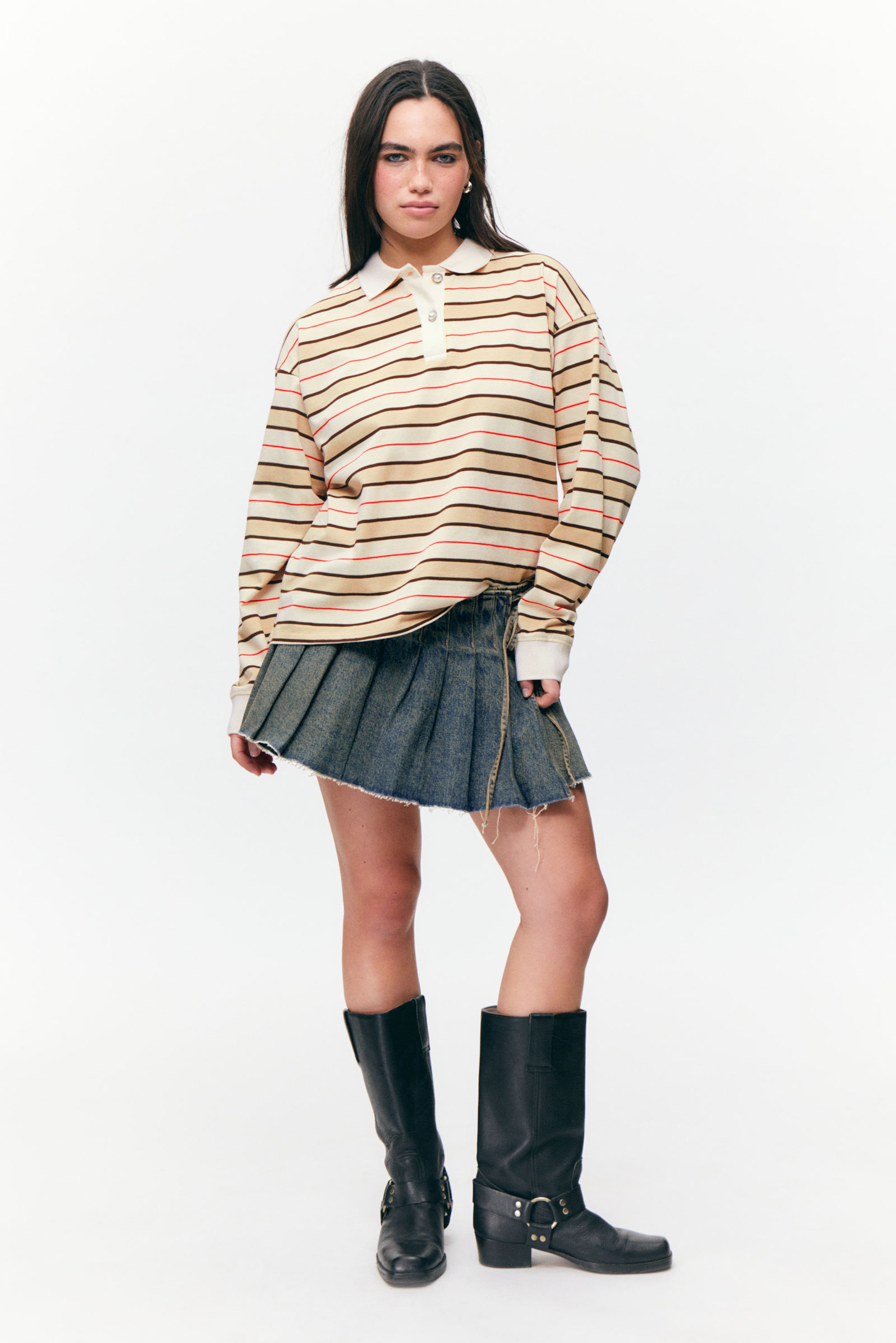 Striped Beige - Long Sleeve Rugby Polo Top - 0