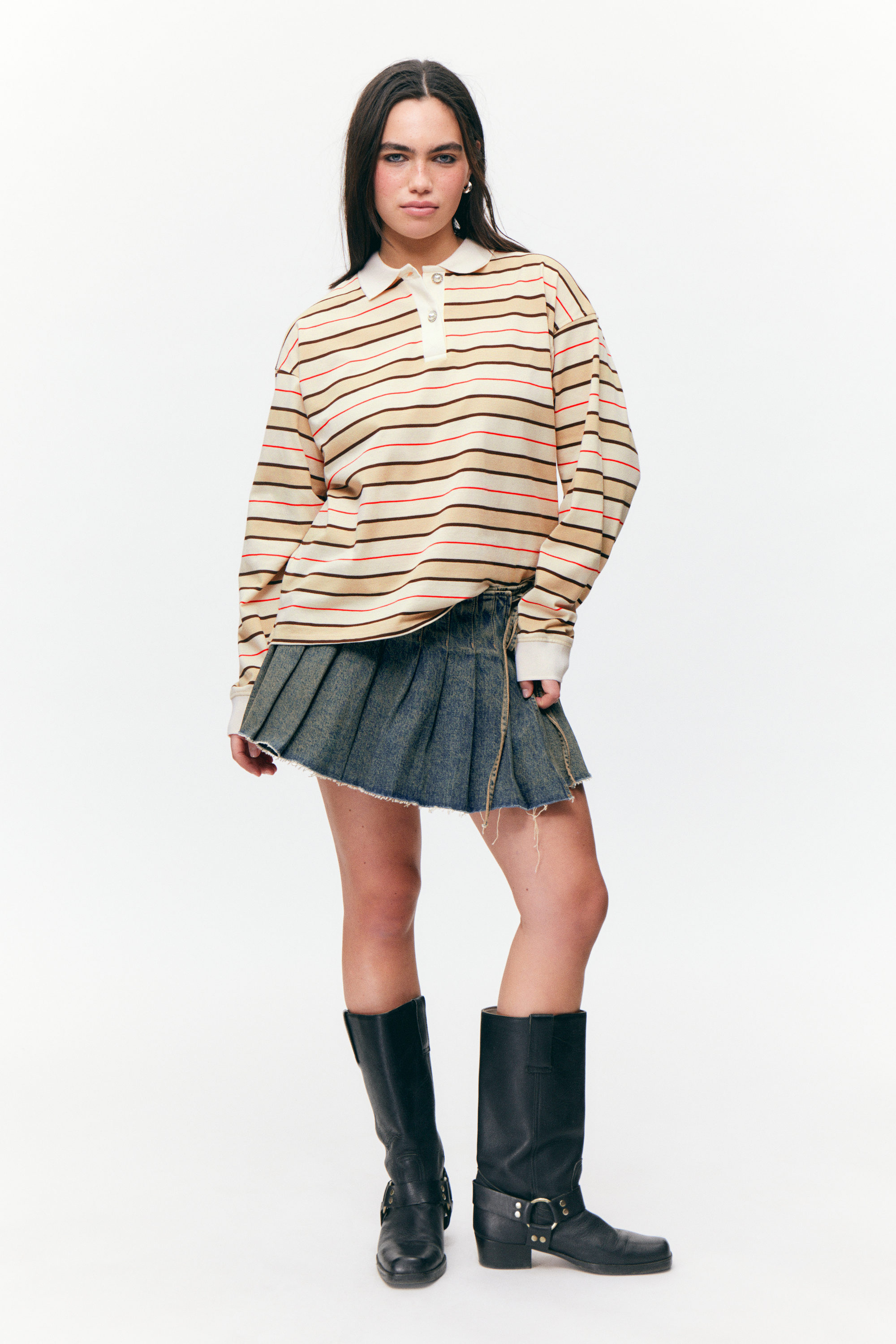 Striped Beige - Long Sleeve Rugby Polo Top - 0