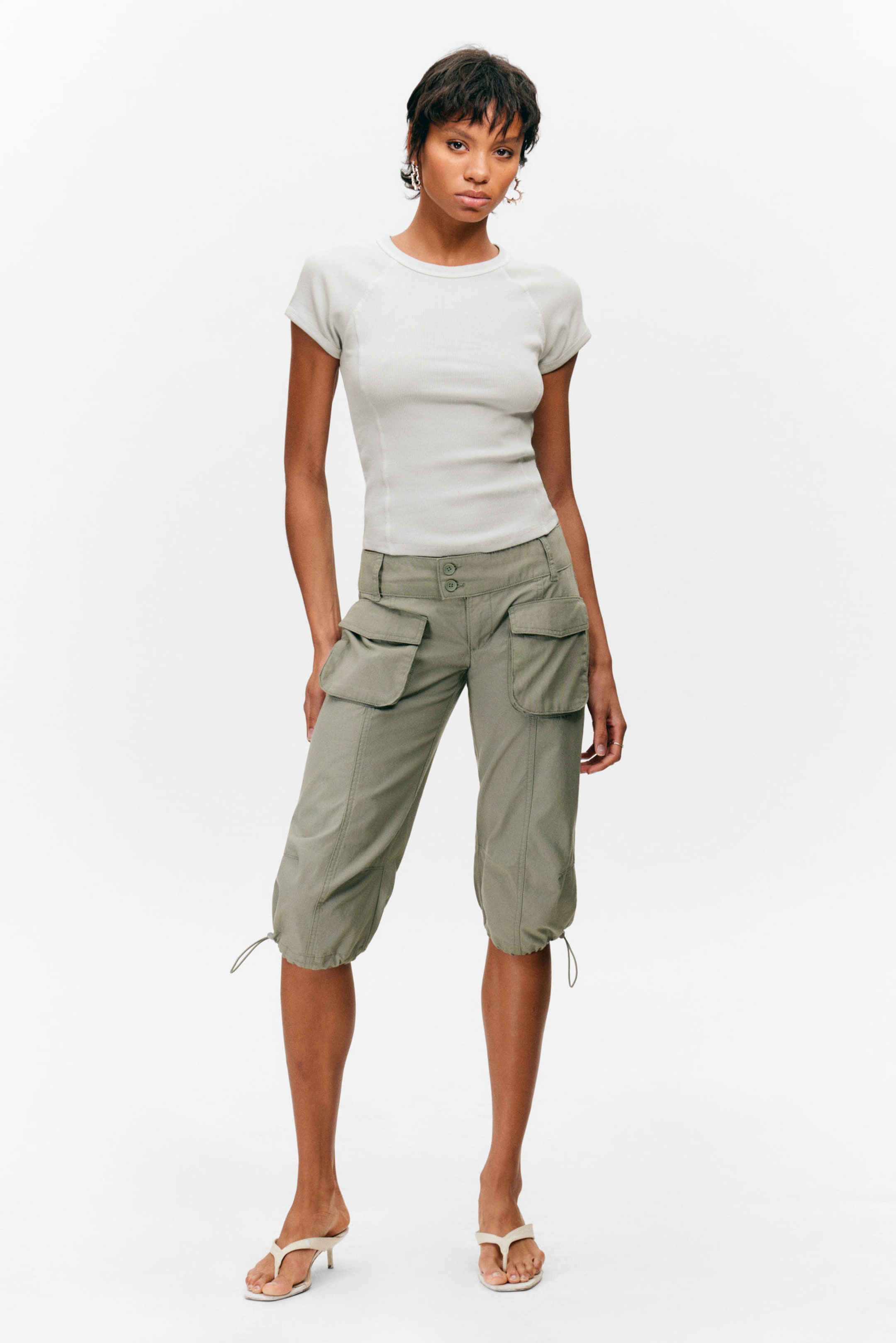 #8D8C81 - Ultra-Low Rise Cargo Capri Trousers - 1