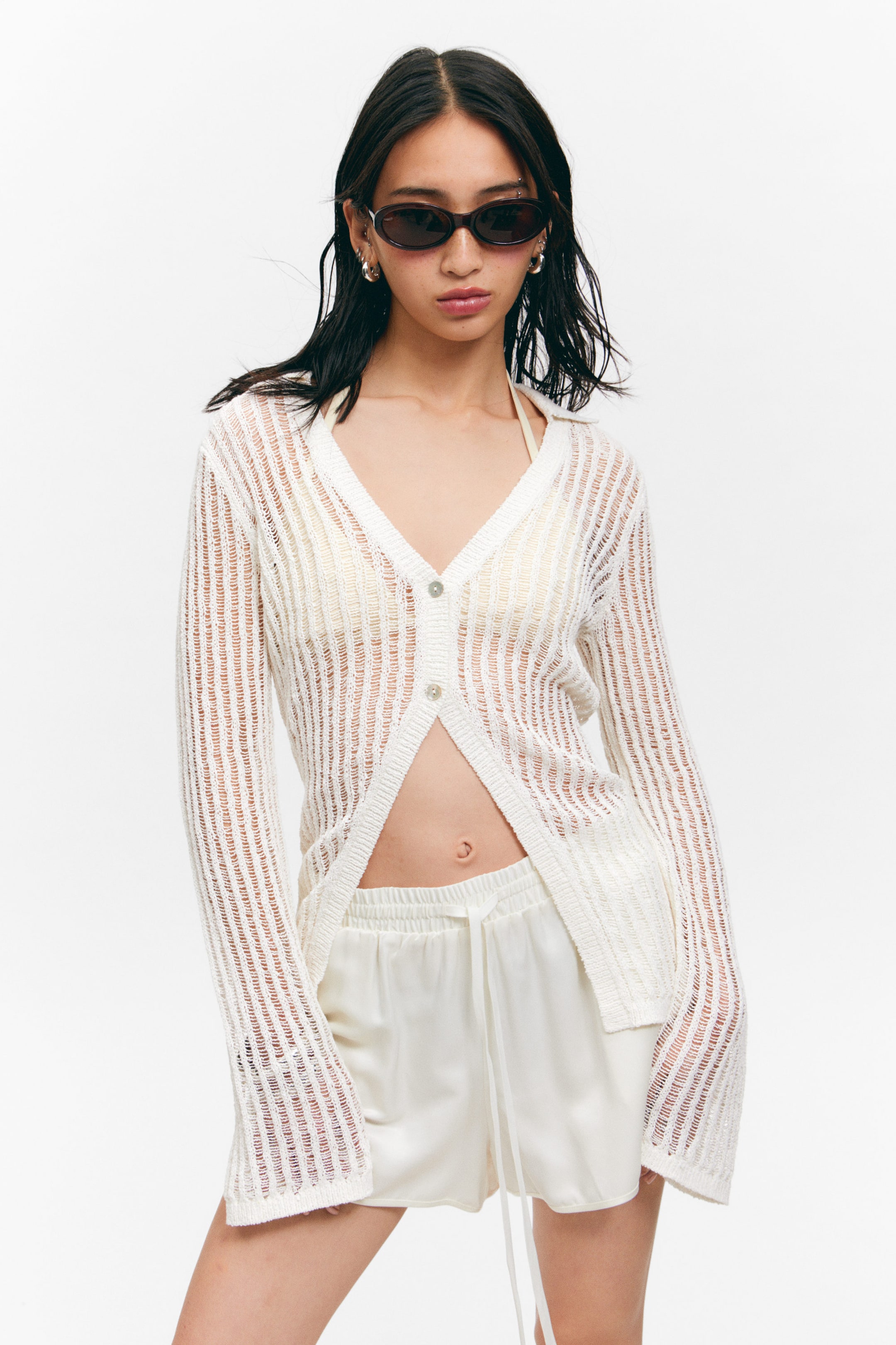 Dusty White - Open-Knit V-neck Cardigan - 1