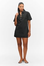 Off-black - Short-Sleeved Mini Shirt Dress - 2