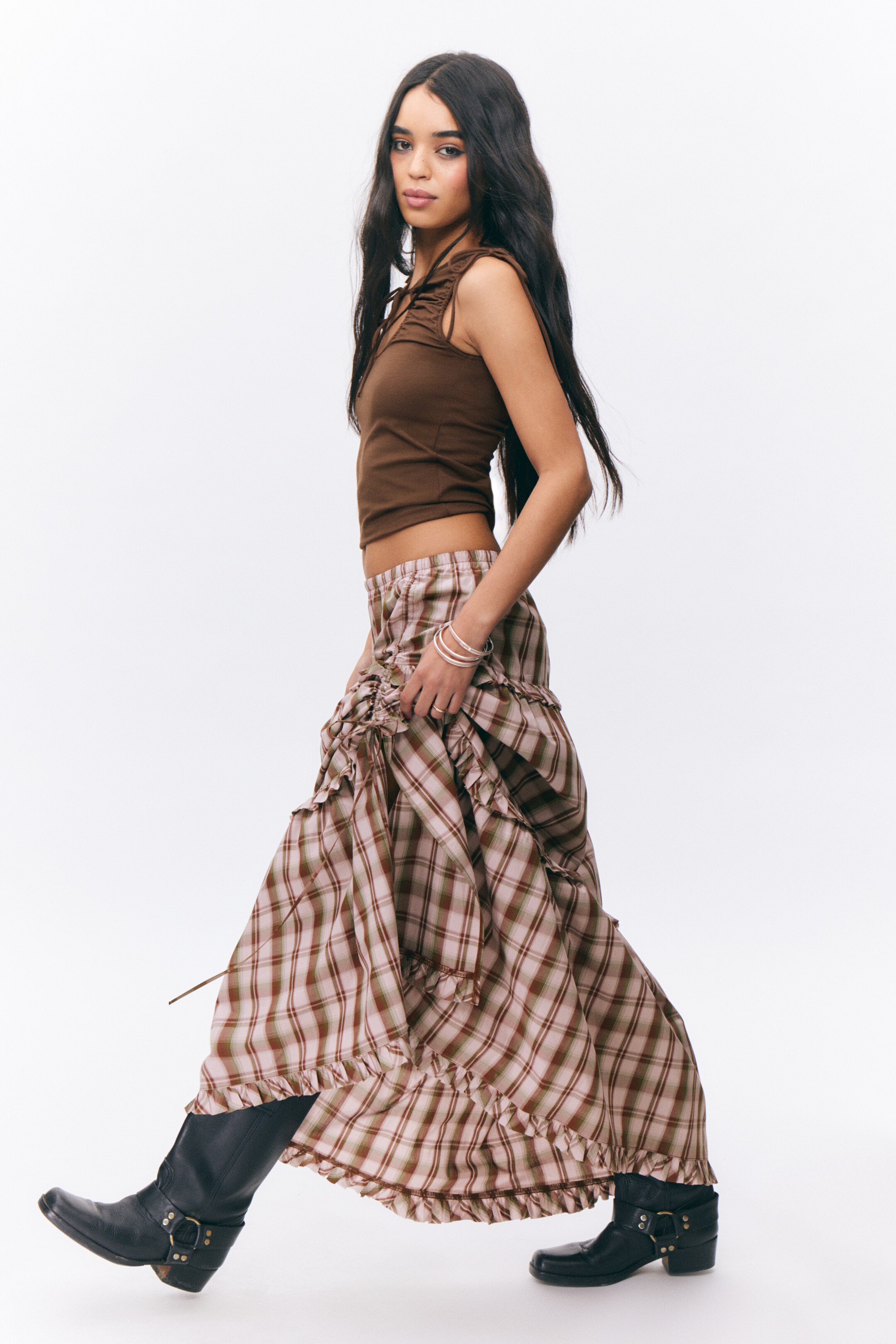 Visa större bild: Maxikjol med volang i bomull - Rutig rosa - DAM | H&M SE 3