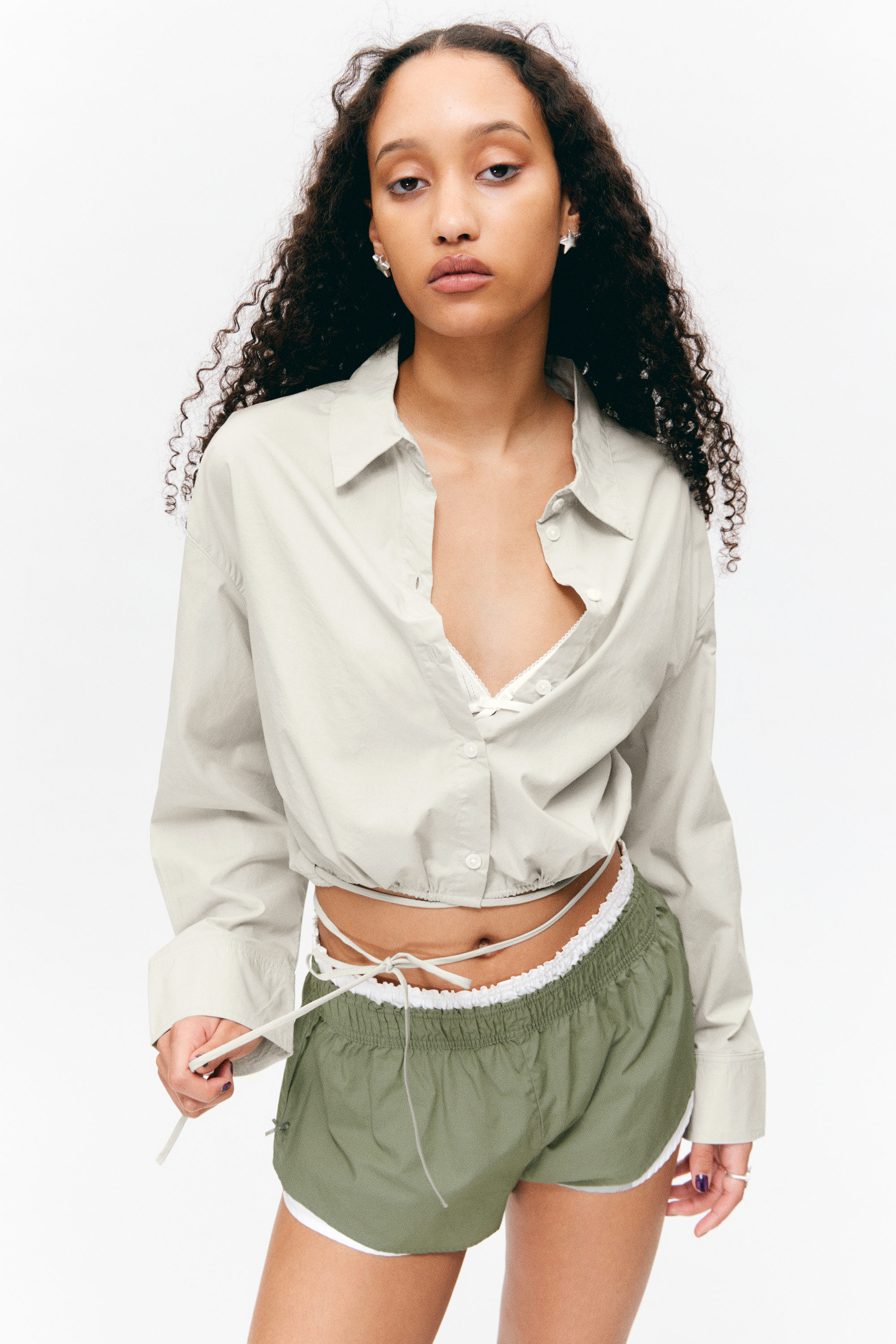 Light Green - Cropped Cotton Poplin Drawstring Night-Shirt - 2