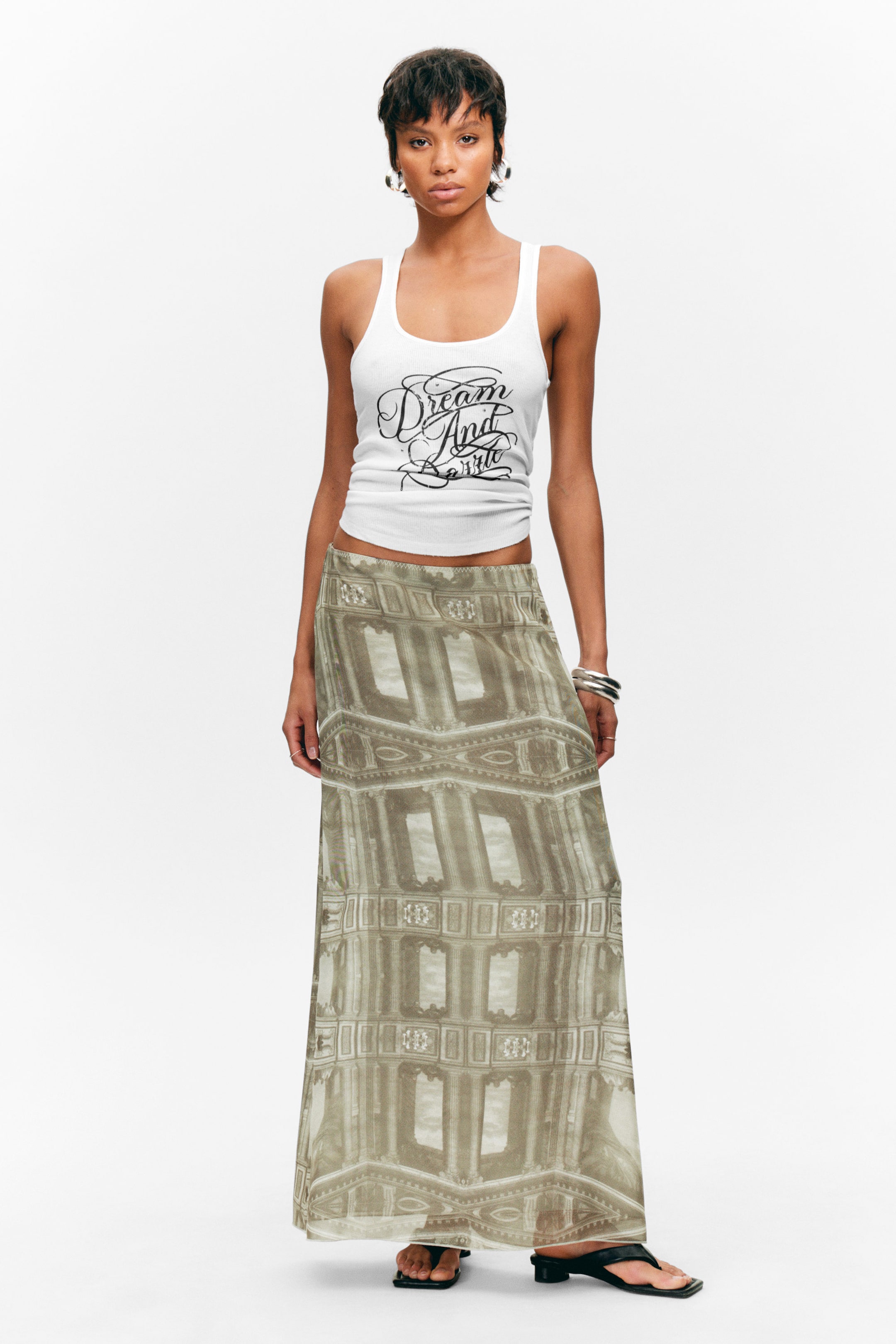 Khaki Green - Baroque Collage - Printed Low Rise Maxi Skirt - 1