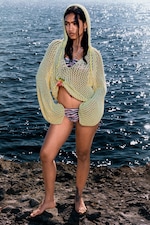 Light Yellow - Open-knit Hooded Sweater - 2