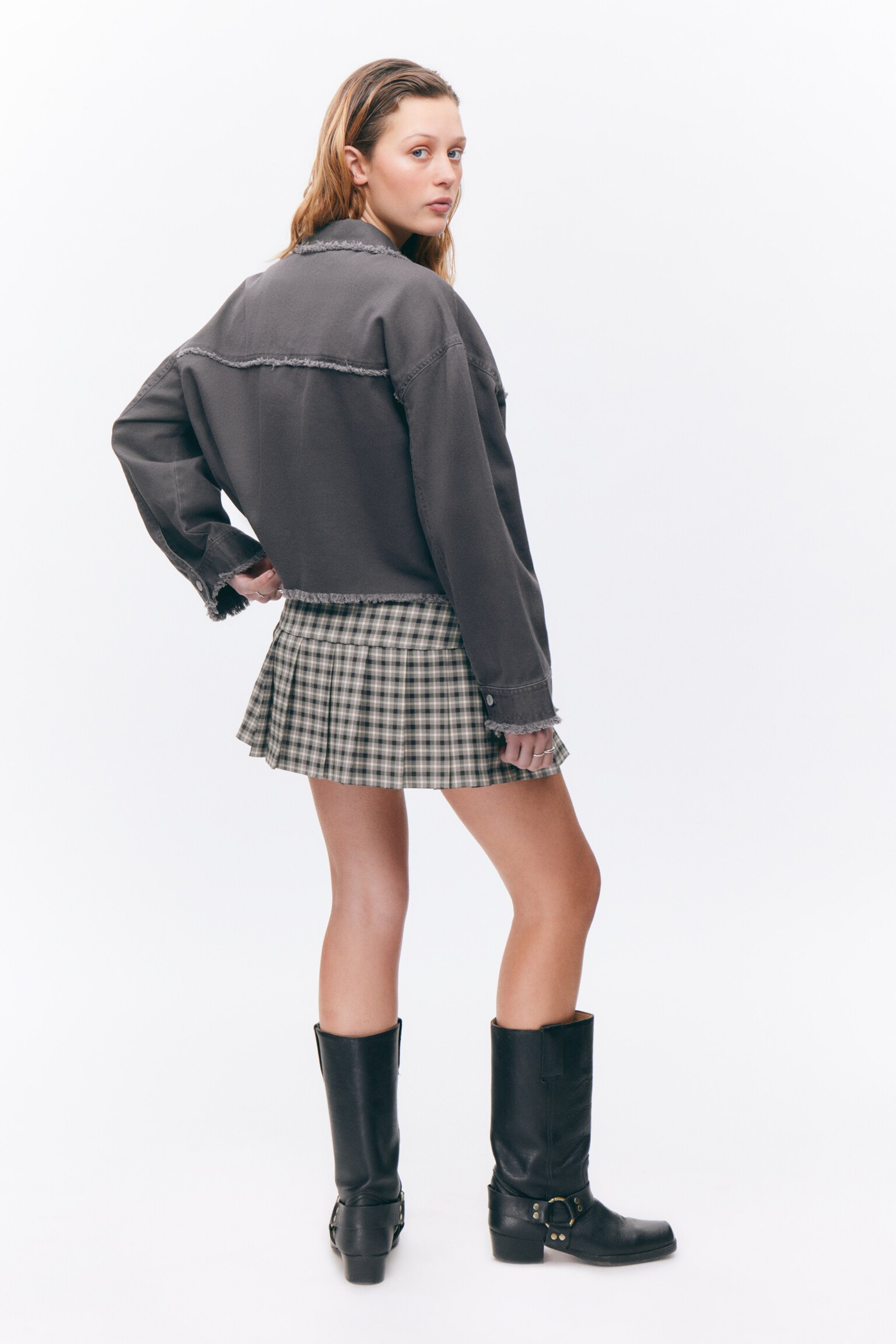 Cropped Boxy Twill Jacket - Dark Grey/Khaki Green/White - 5