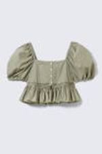 Khaki Green - Peplum Cotton Poplin Blouse - 0
