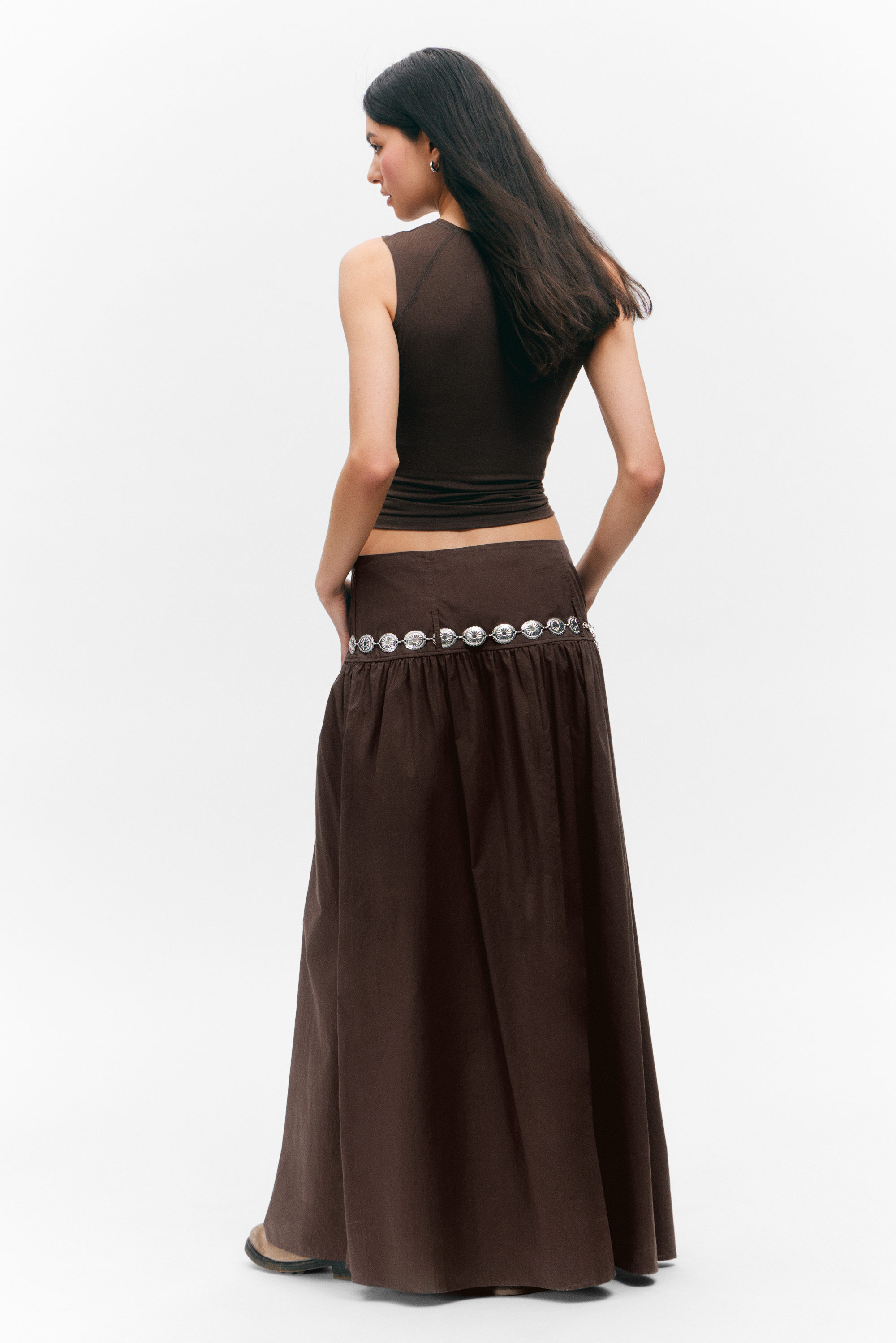 Dark Brown - Gathered Cotton Poplin Maxi Skirt - 3