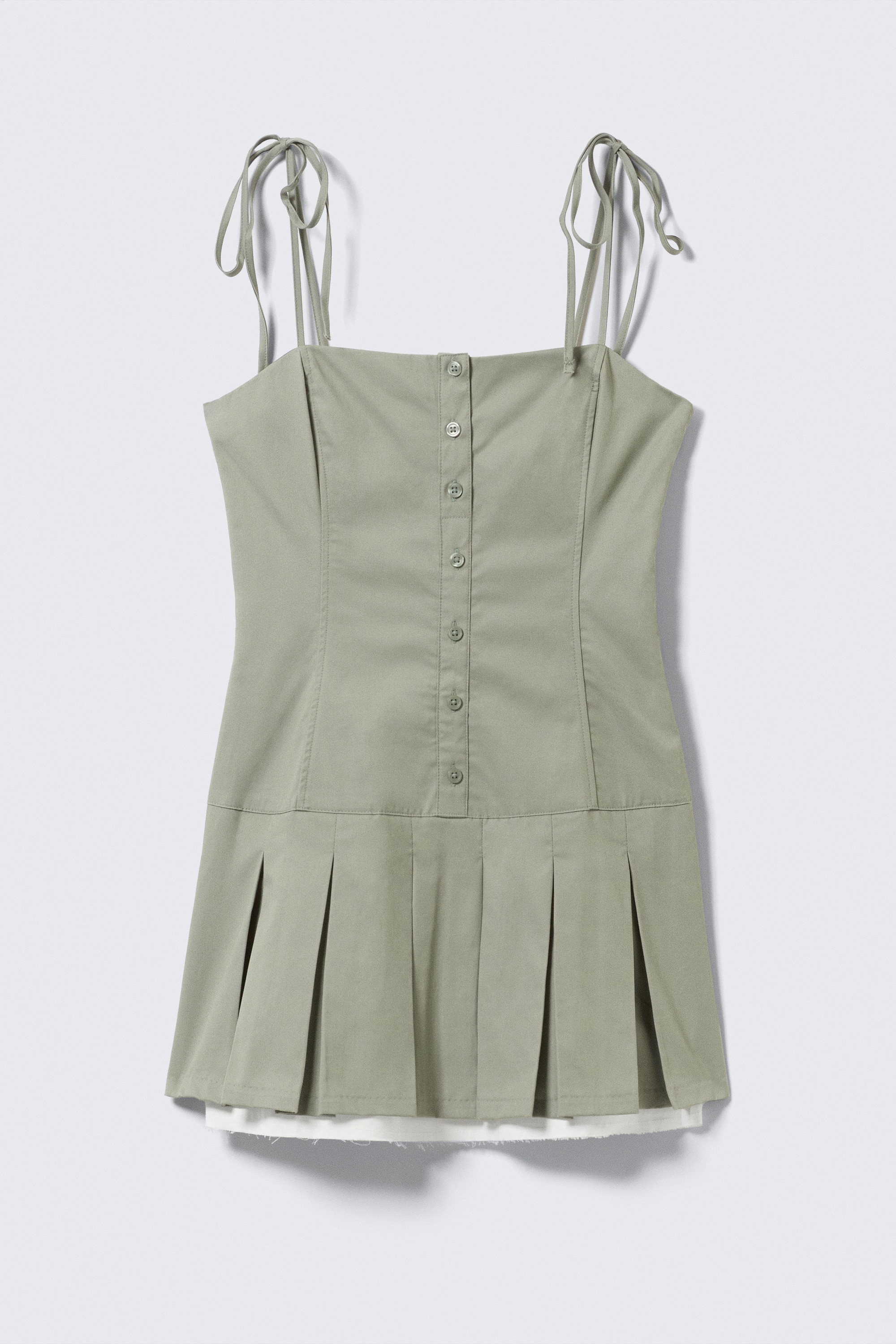 Minivestido de sarga plisado con tirantes anudados - Verde caqui claro/Beige claro