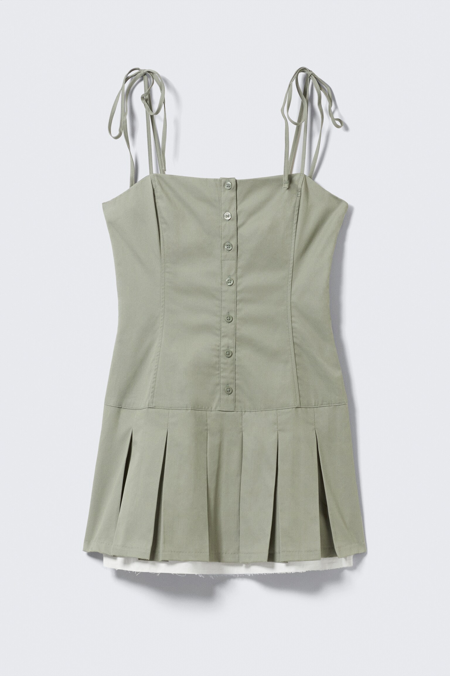 Pleated Tie-Strap Mini Twill Dress - Light Khaki Green/Light Beige - 2