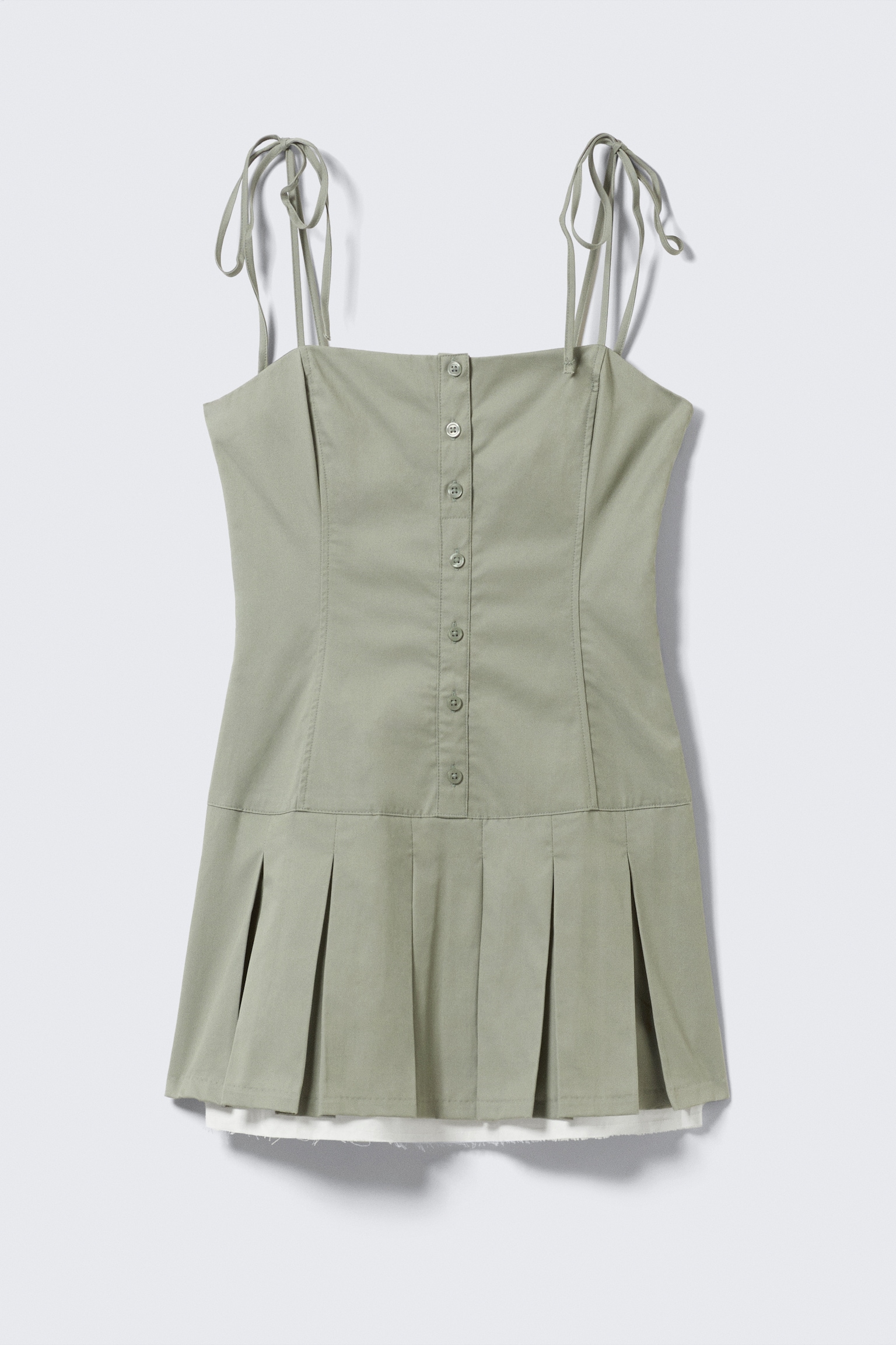 Plissee-Minikleid aus Twill mit Bindeband - Helles Khakigrün/Hellbeige - 2