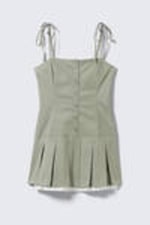 Light Khaki Green - Pleated Tie-Strap Mini Twill Dress - 3