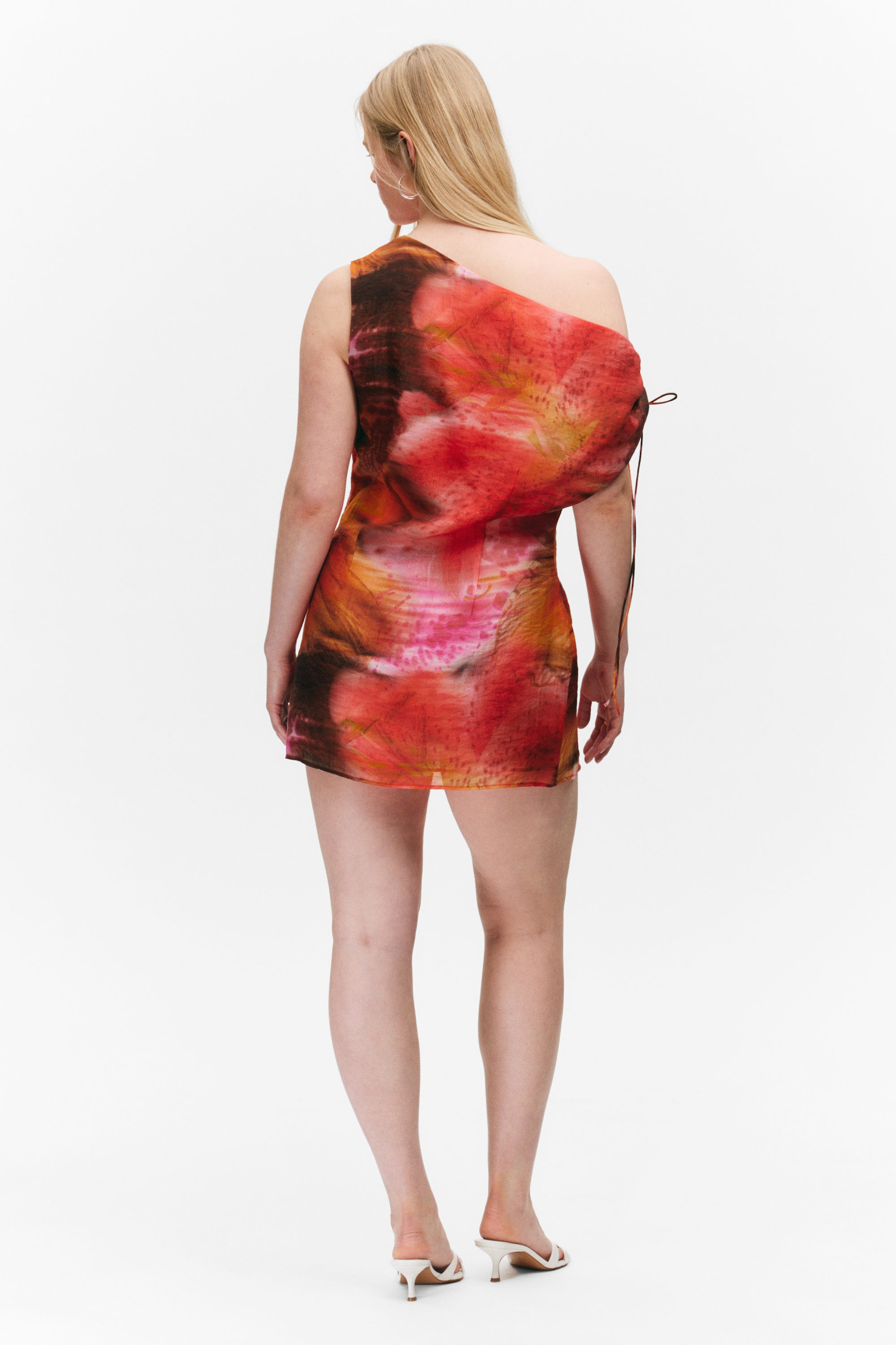Orange/Red - Calypso Flower - Asymmetric Draped Mini Dress - 3