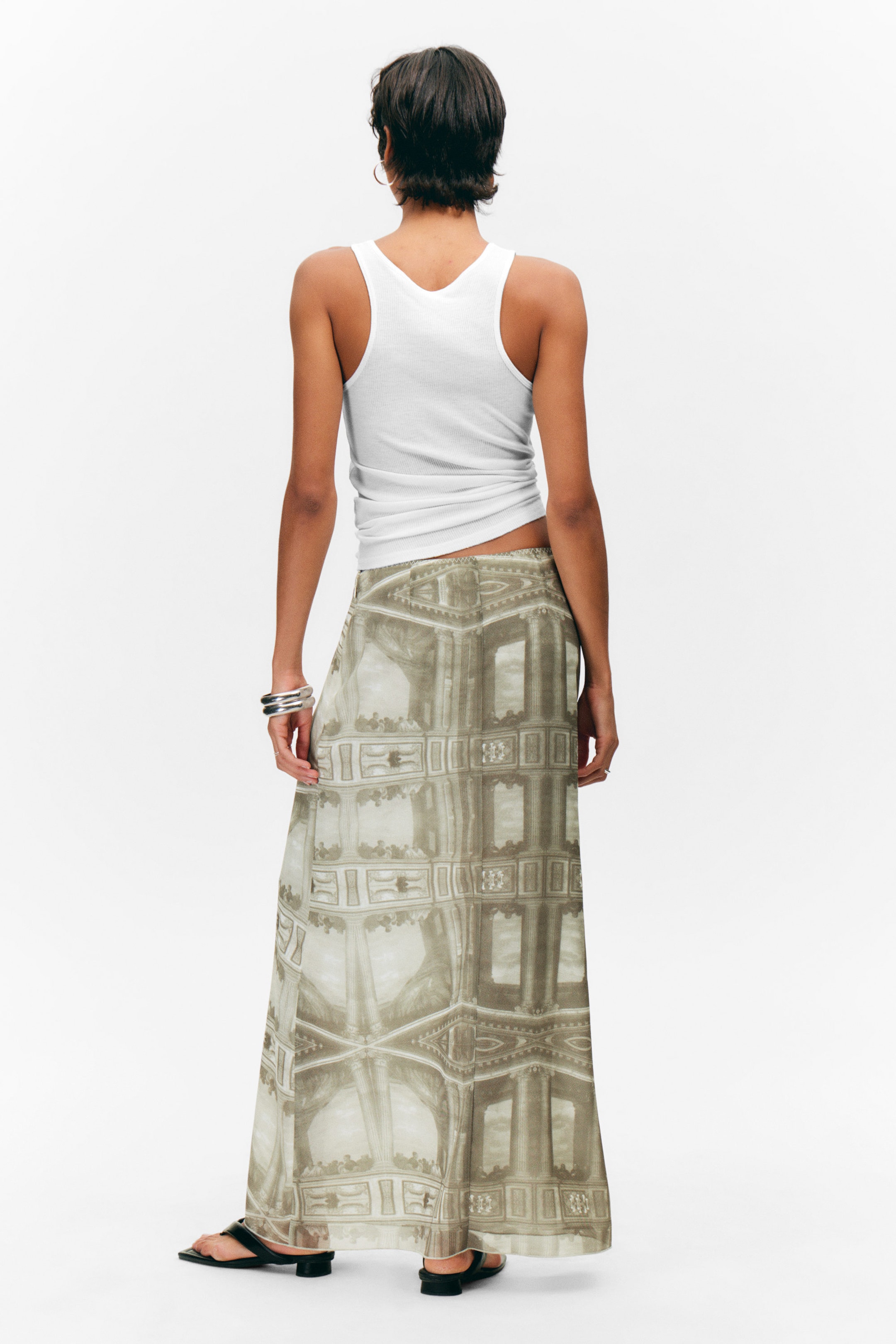 Khaki Green - Baroque Collage - Printed Low Rise Maxi Skirt - 3
