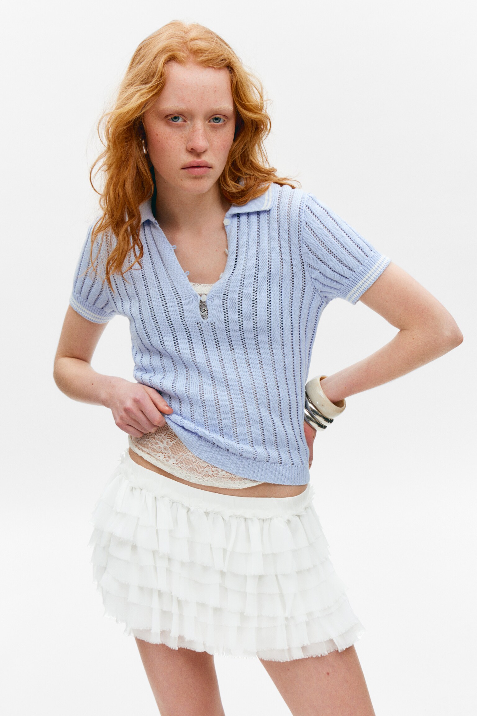 Knitted Short-Sleeved Cotton Polo Top - Light Blue - White Stripes/White - Red Stripes