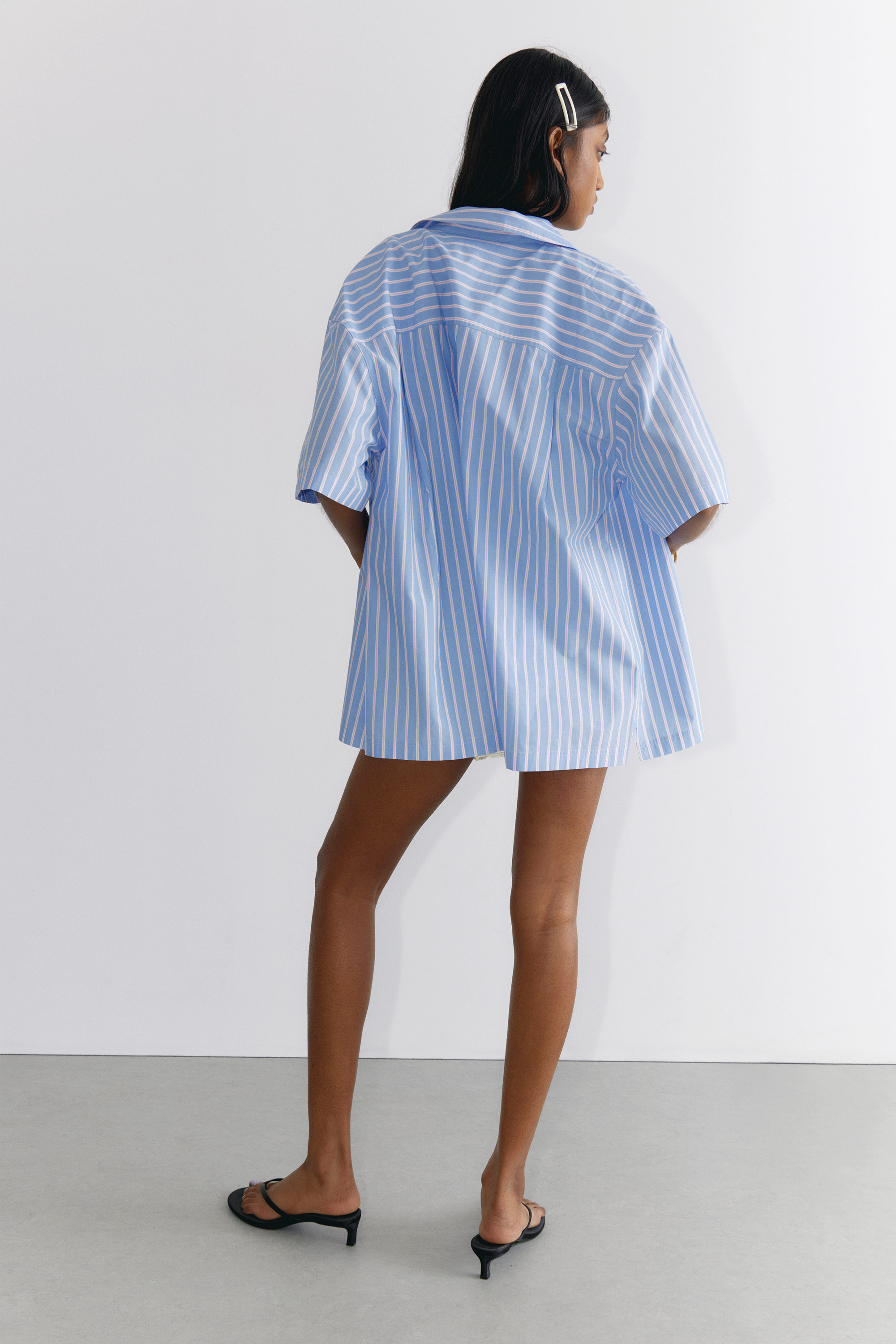 Striped Blue & Pink - Oversized Short-Sleeved Cotton Poplin Shirt - 3