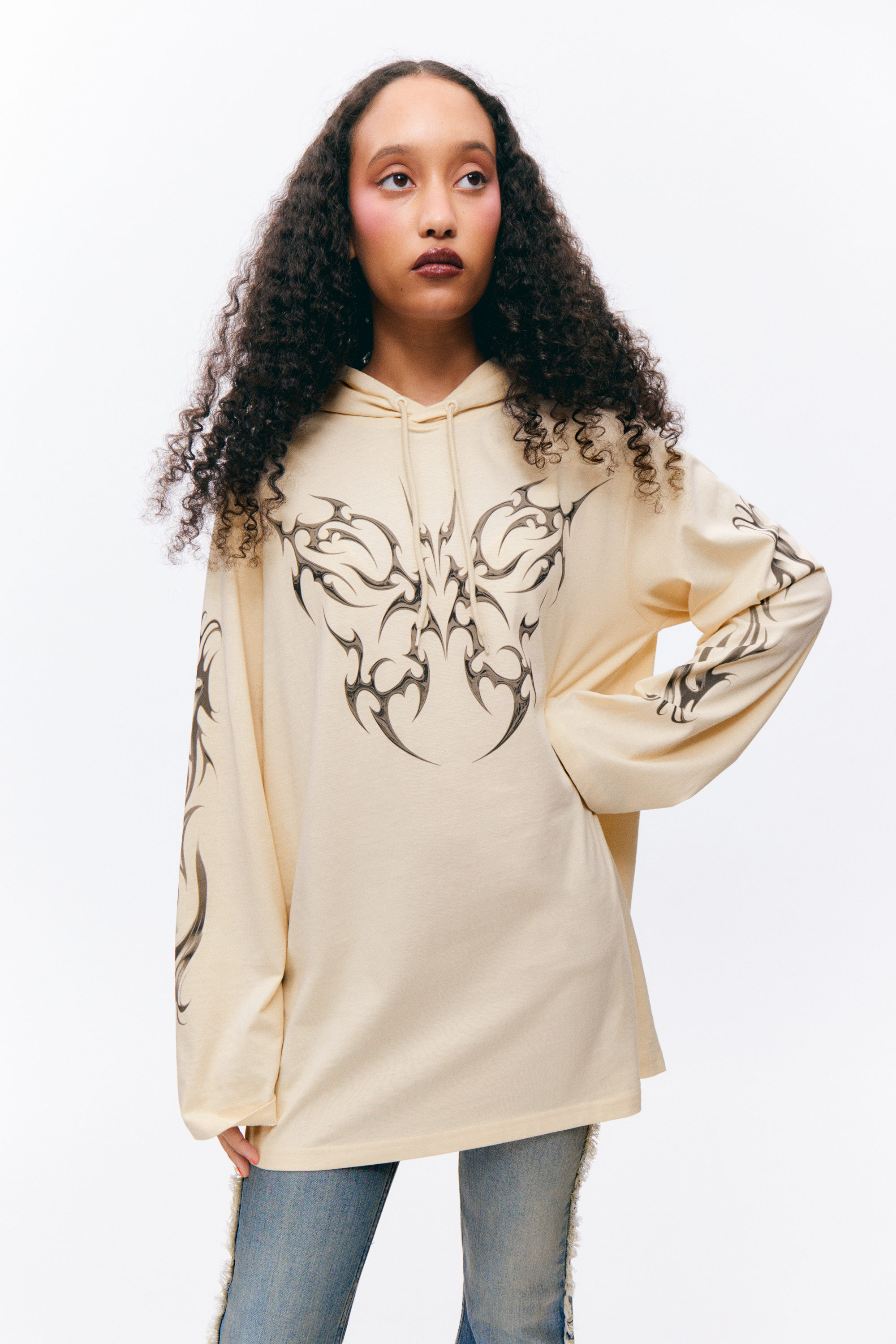 Light Beige - Tribal Butterfly - Oversized Hoodie Mini Dress - 2