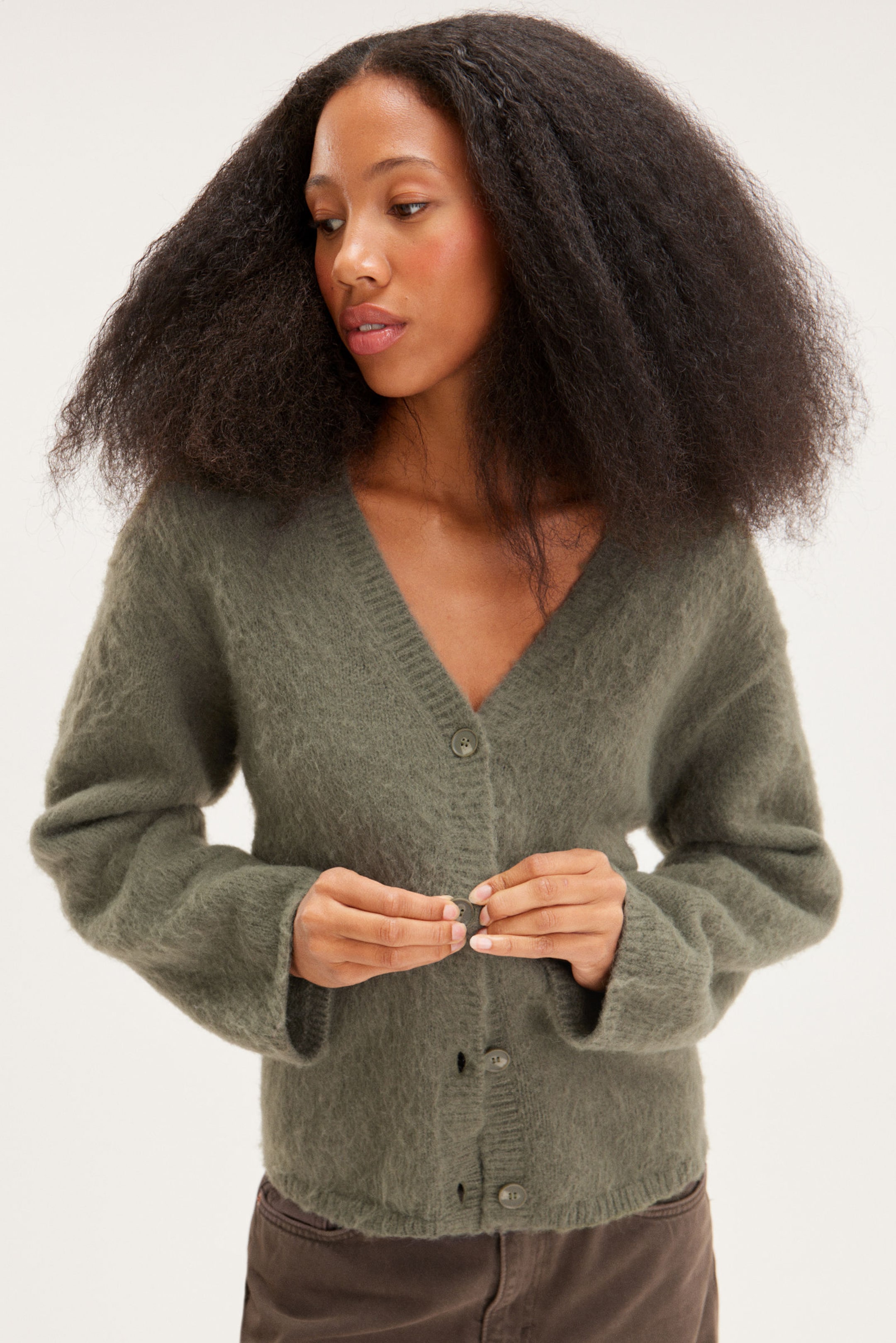Dark Khaki Green - Fluffy knit cardigan - 0