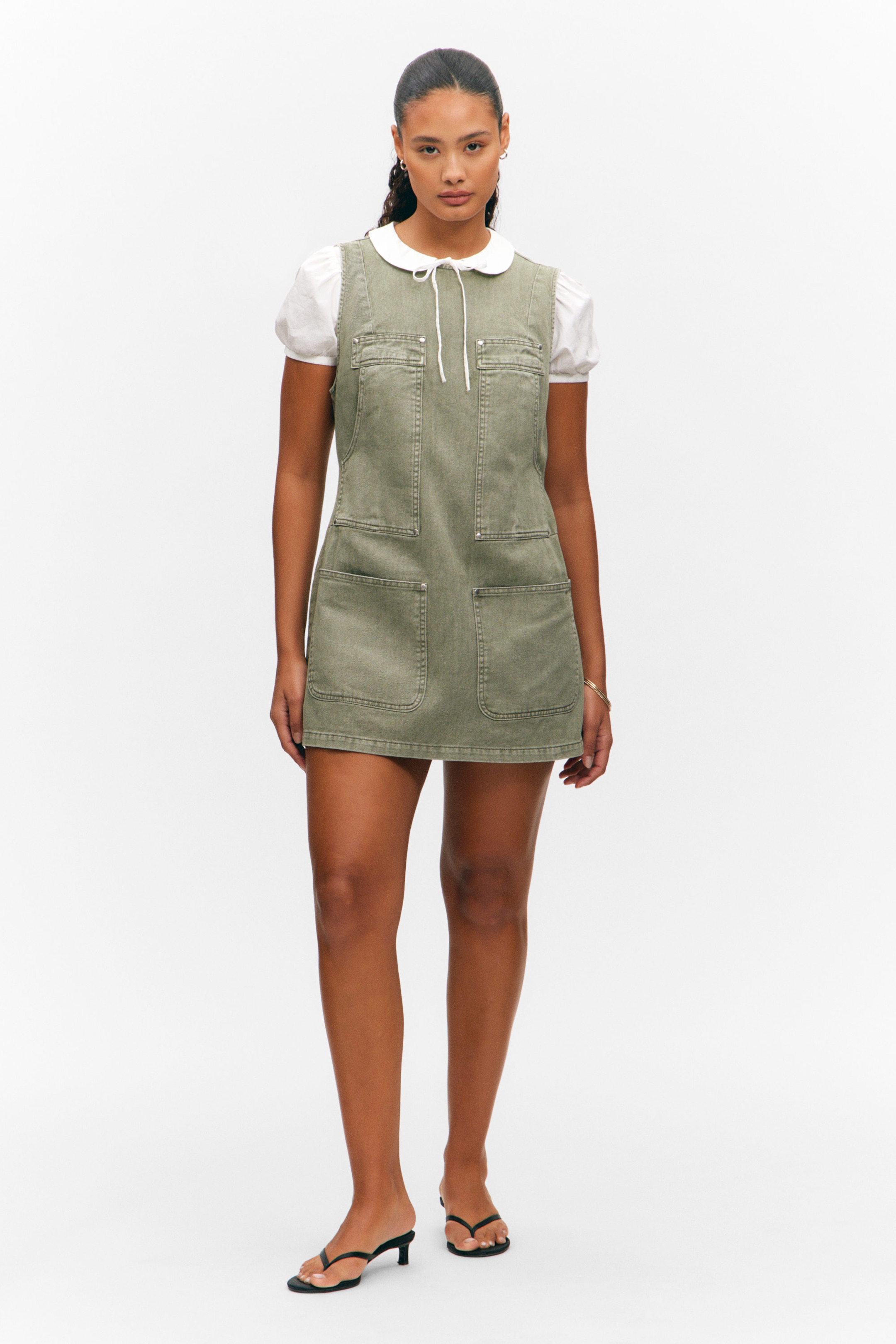 Khaki Green - Sleeveless Utility Cotton Twill Dress - 1