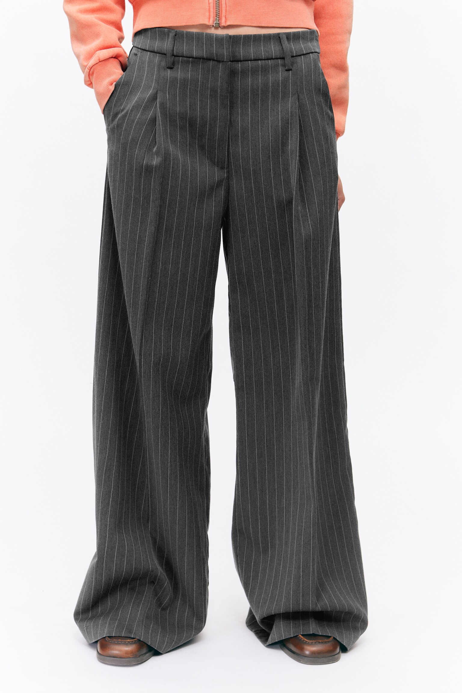 Pleated High Waist Wide Leg Suiting Trousers - Striped Dark Grey/Black/Checked Grey/Black - 4