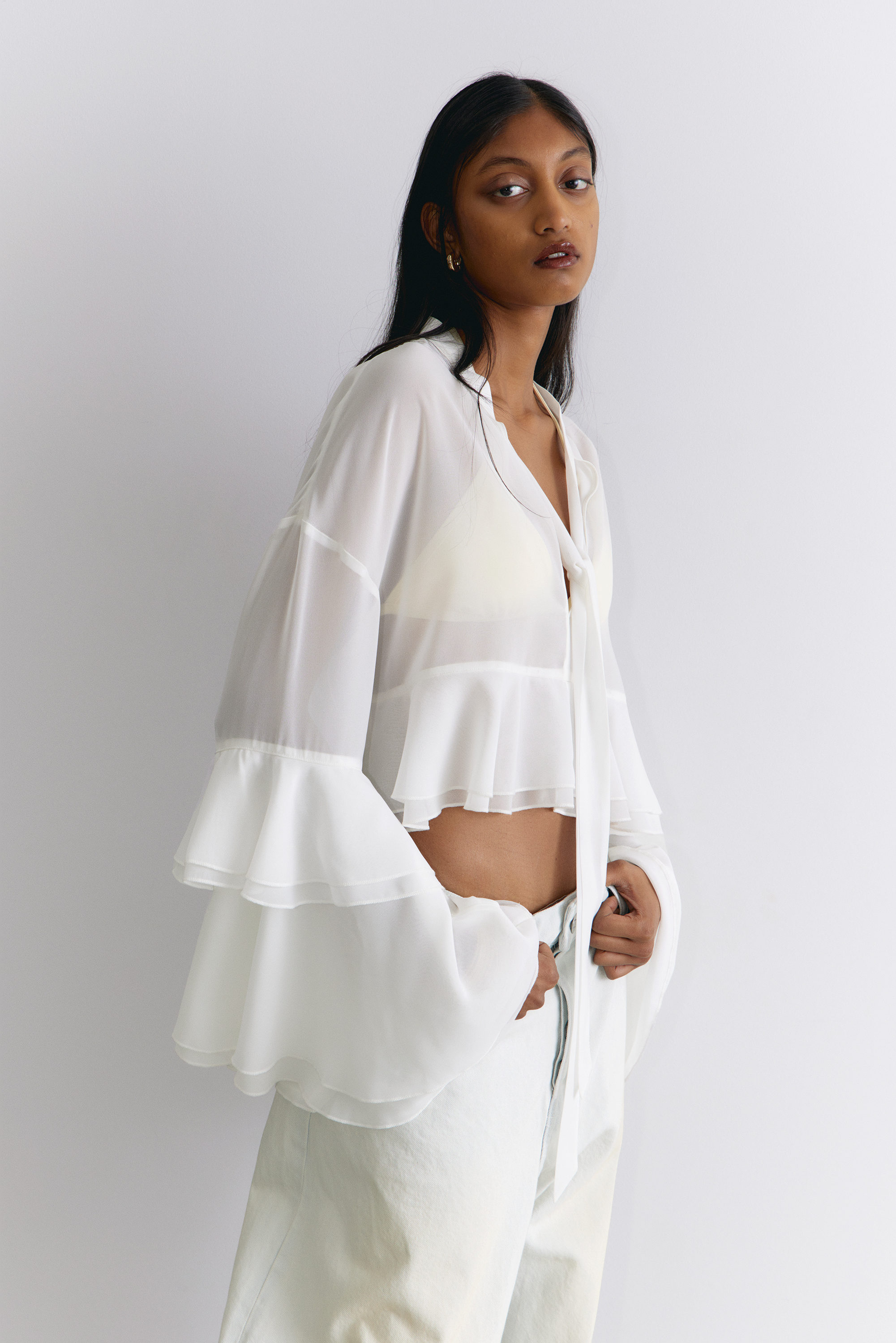 White - Flared Frill-Sleeved Tie-Neck Blouse - 1