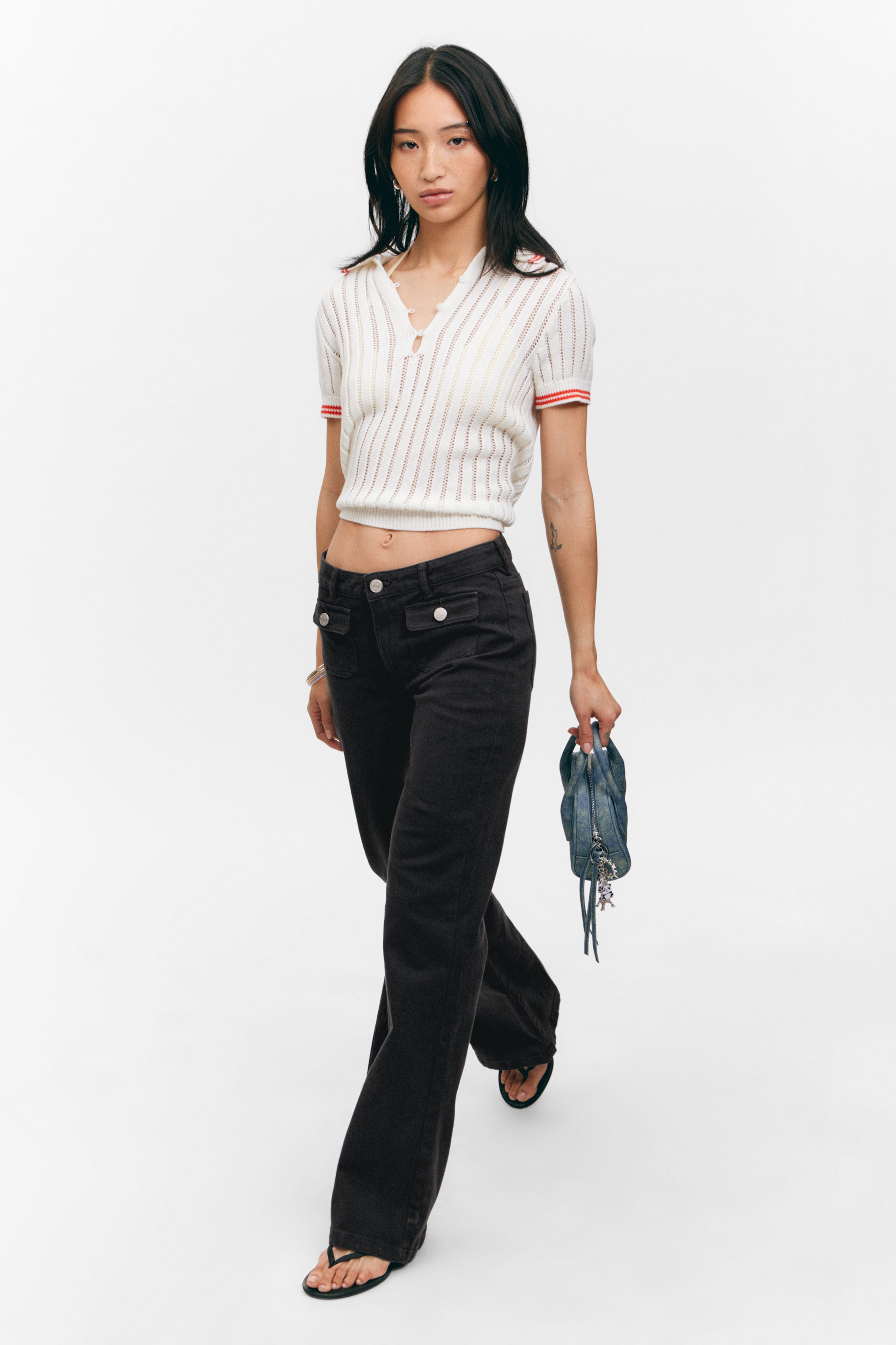 Black - Low Waisted Bootcut Twill Trousers - 2