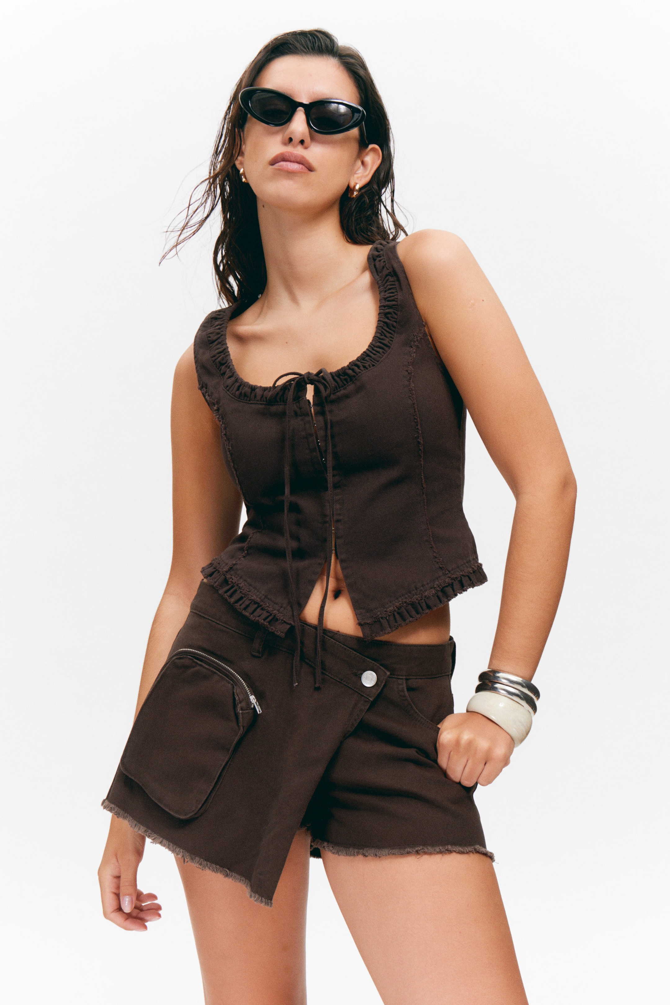 Dark Brown - Asymmetric Cotton Twill Wrap Skort - 2