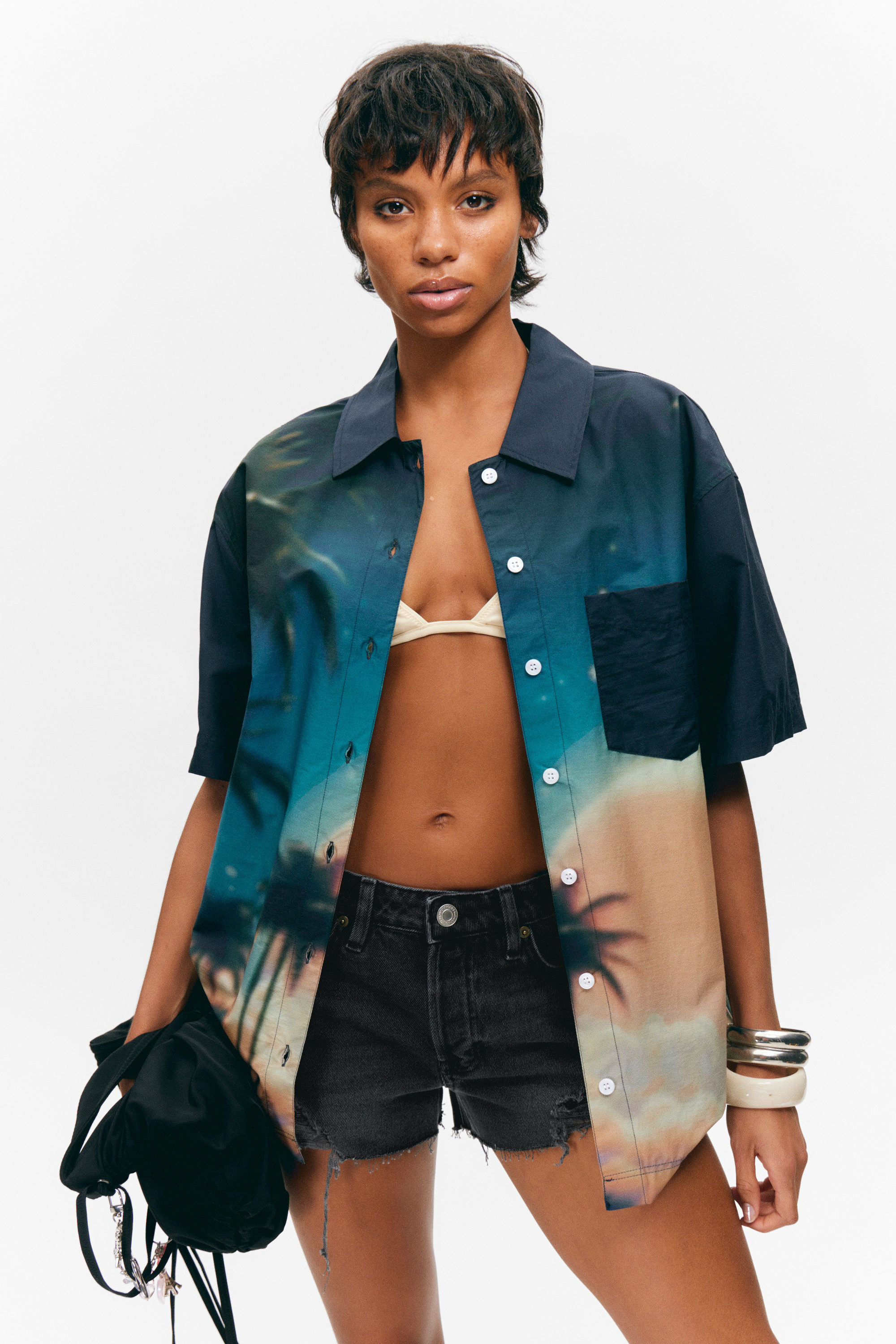 Dark Blue - Palm Fiction - Oversized Short-Sleeved Cotton Poplin Shirt - 1