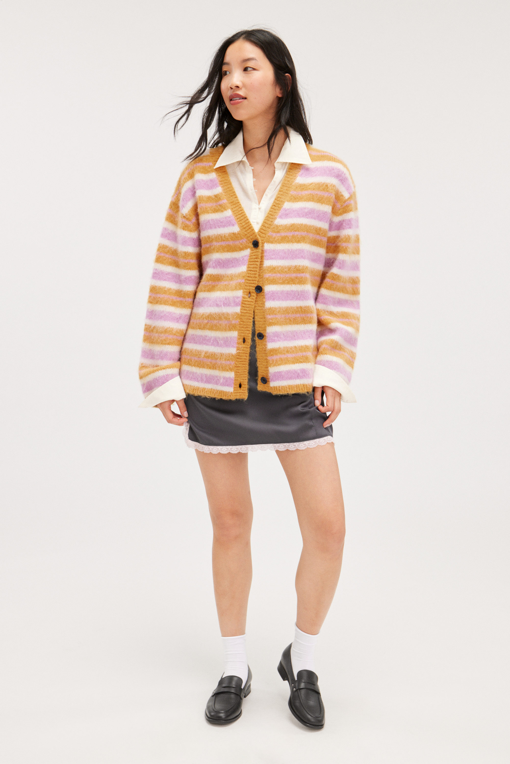 Dark Yellow Stripe - Fluffy knit cardigan - 1