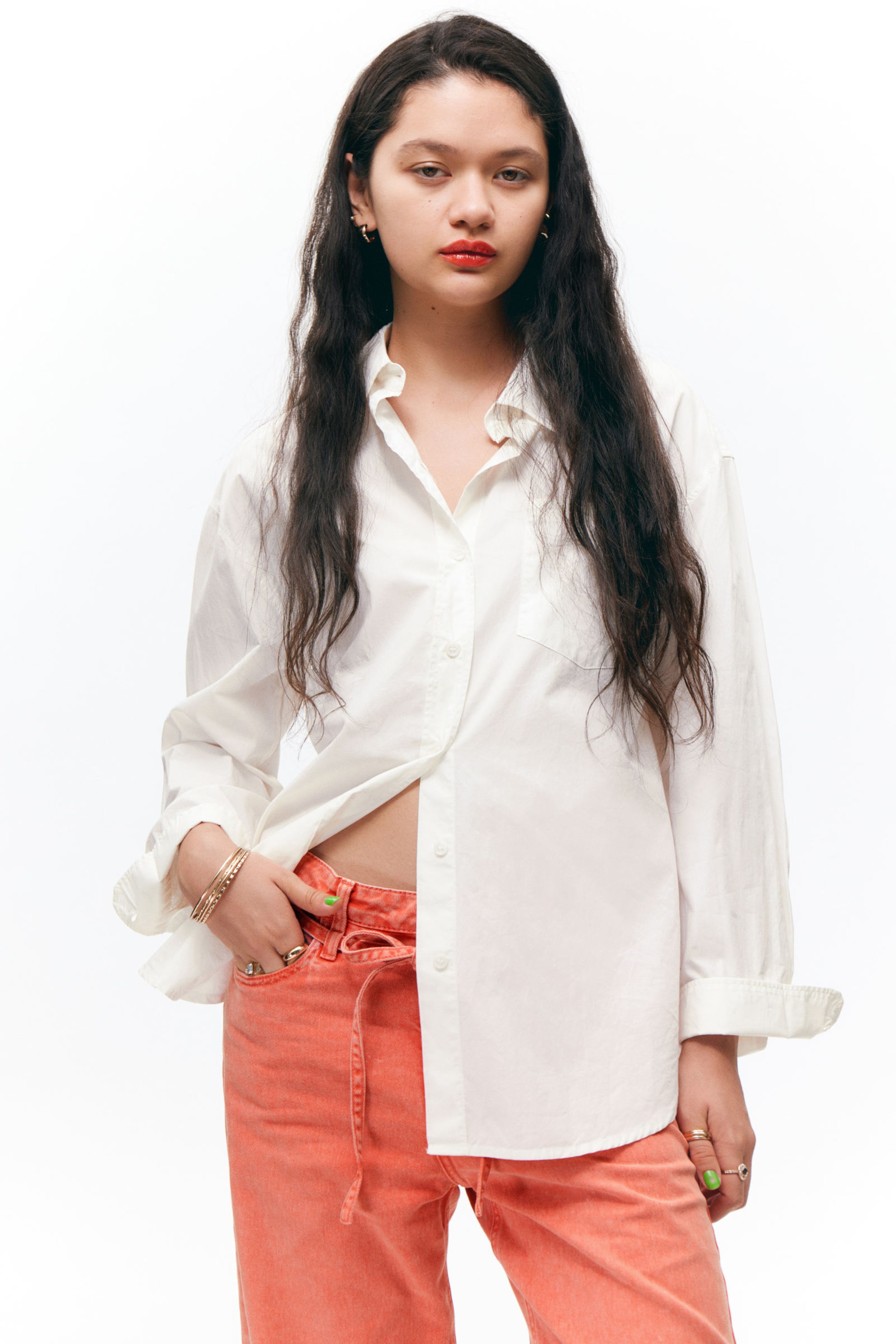 White - Long-Sleeved Oversized Poplin Shirt - 1