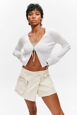 White - Asymmetric Cotton Twill Wrap Skort - 1
