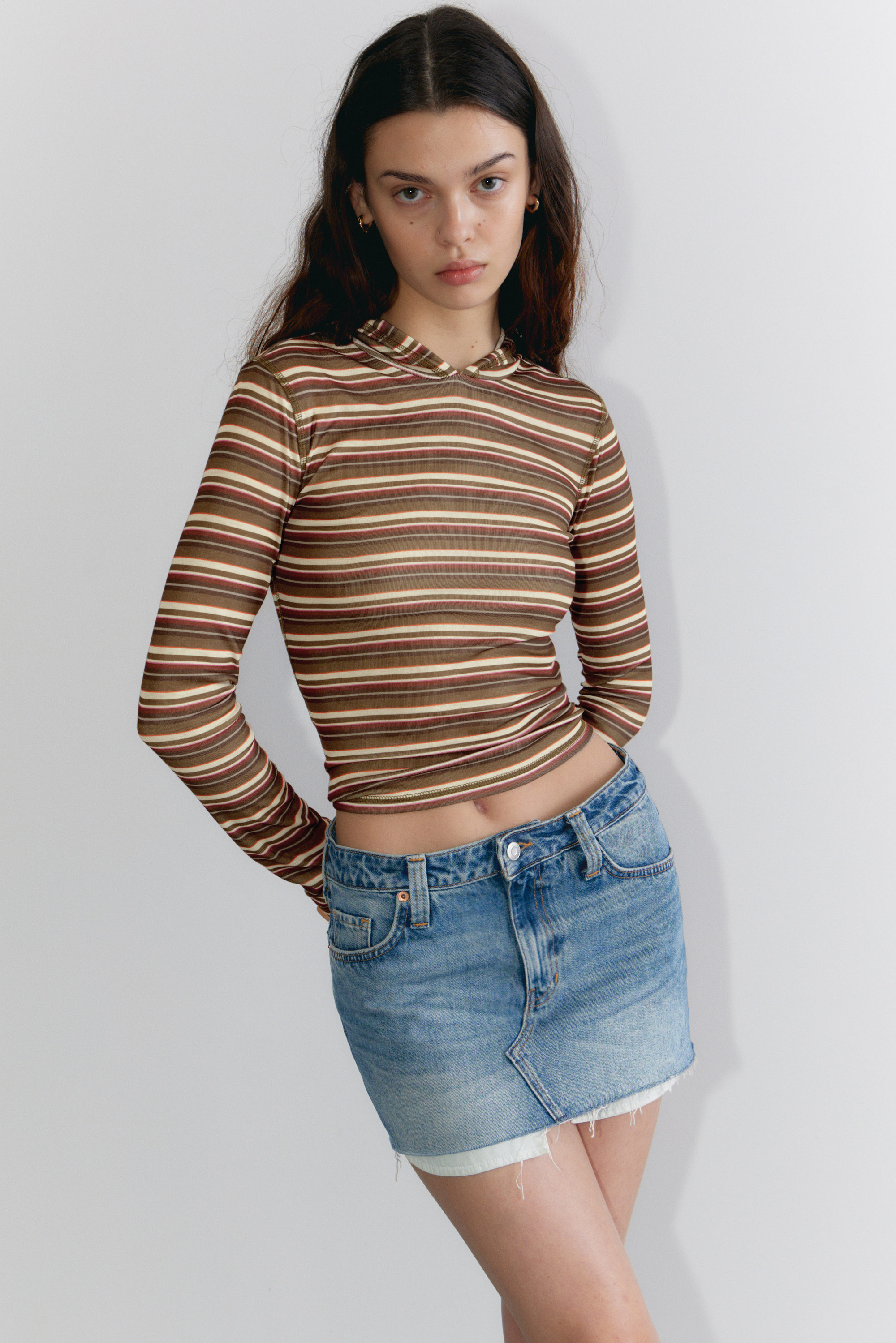 Striped Khaki - Long-Sleeved Hooded Top - 1
