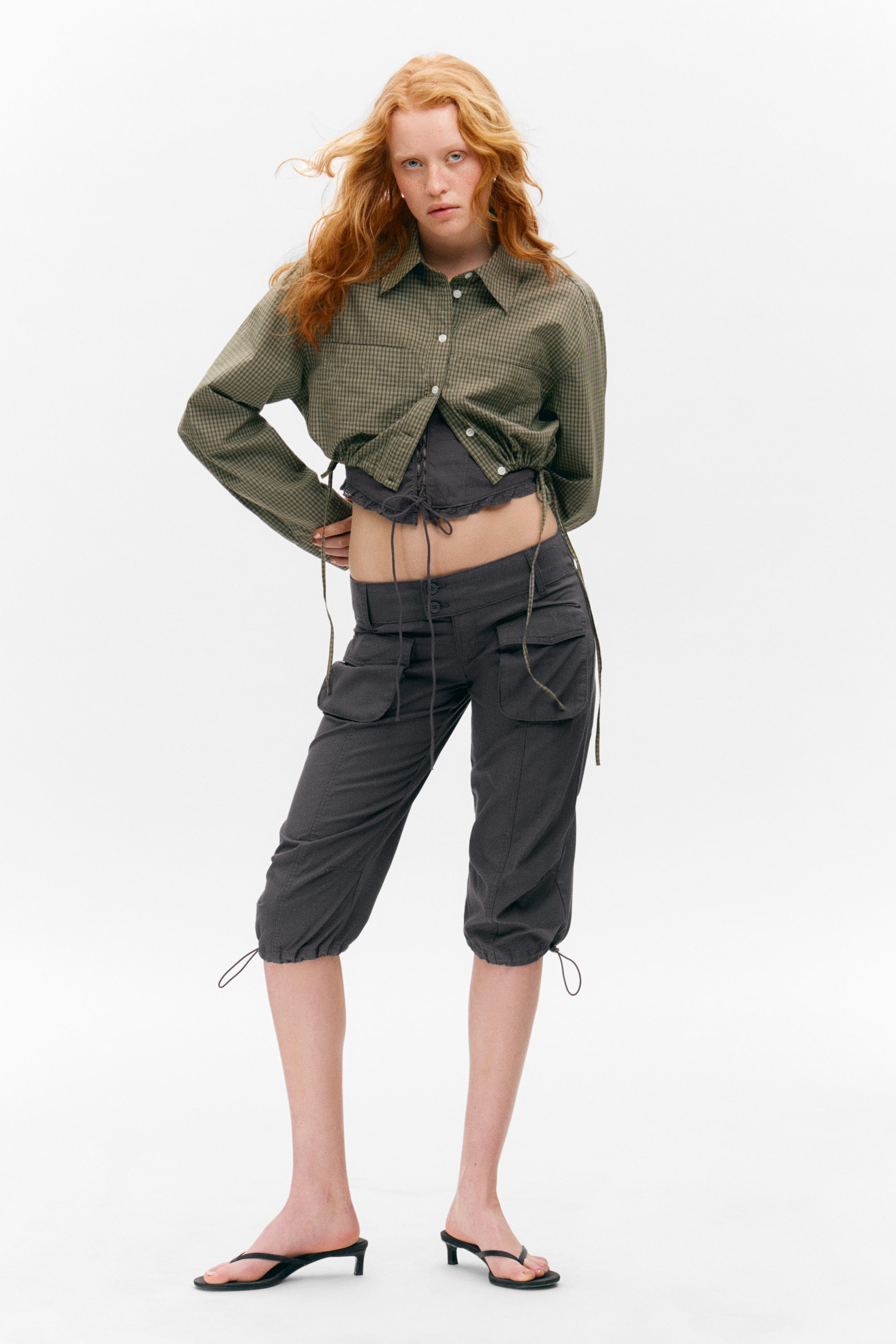 Checked Dark Khaki Green - Cropped Loose Cargo Shirt - 2