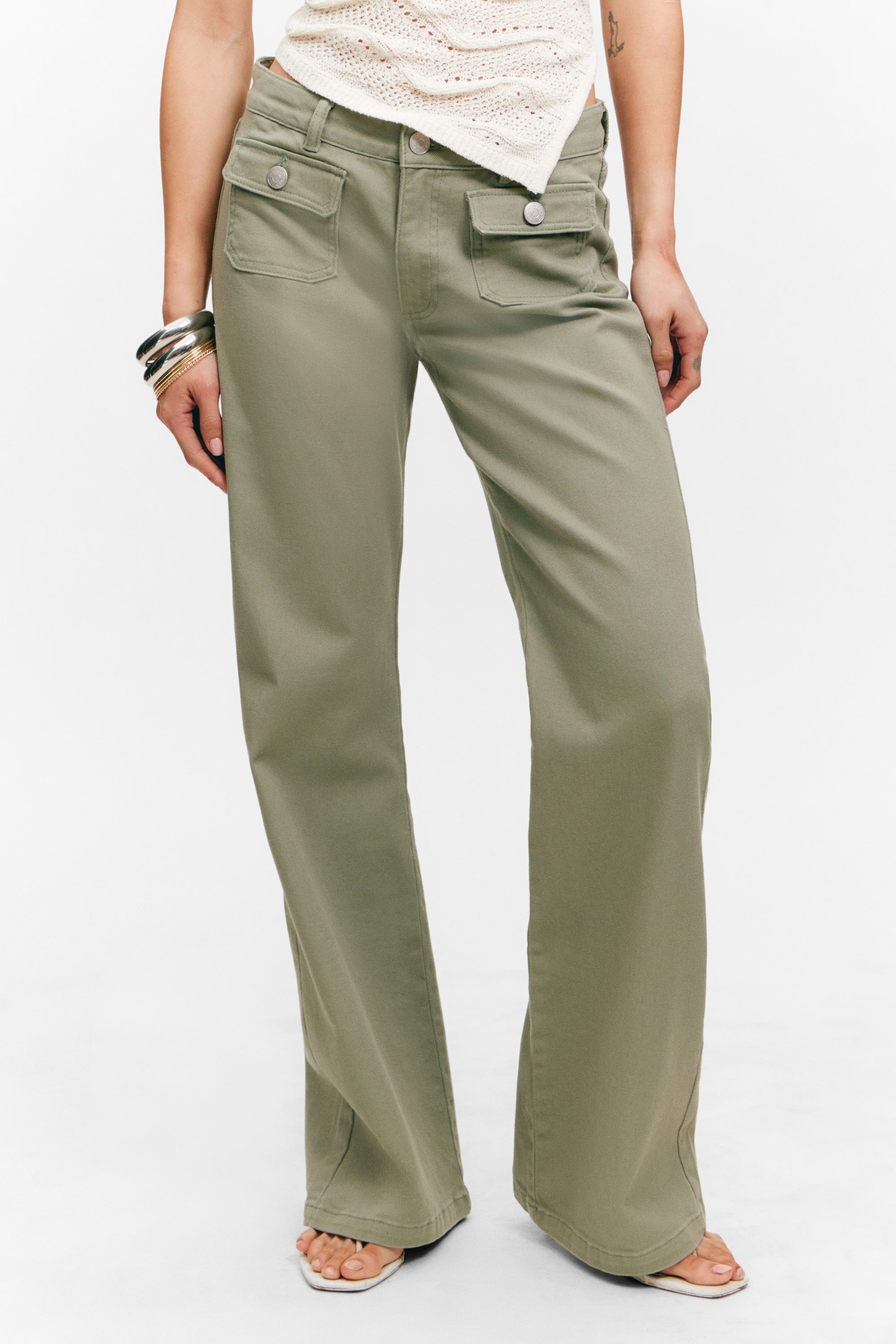 Khaki Green - Low Waisted Bootcut Twill Trousers - 2