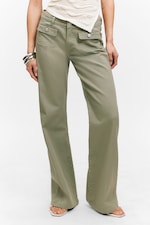 Khaki Green - Low Waisted Bootcut Twill Trousers - 1