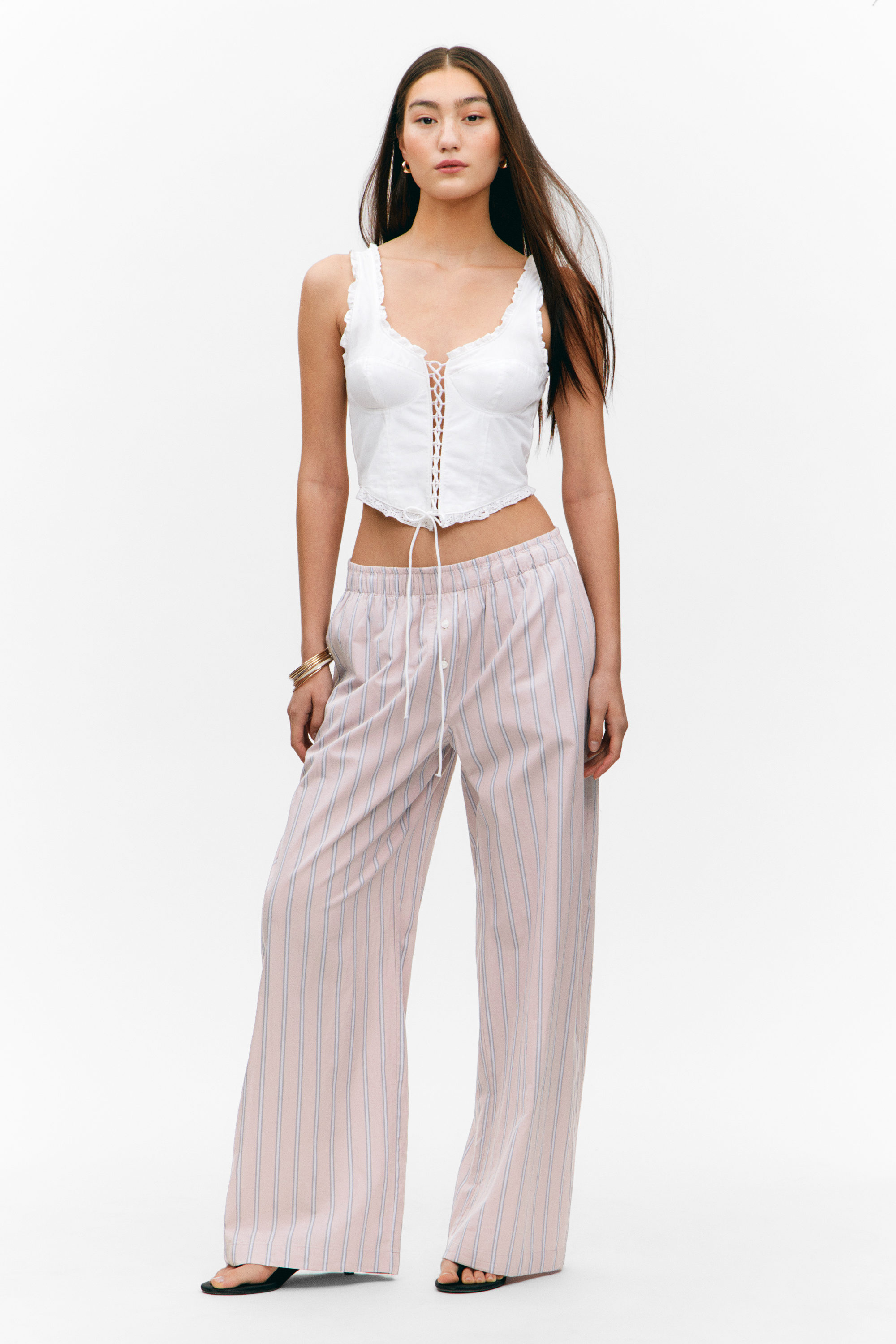 Striped Light Pink - Wide-Leg Cotton Twill Trousers - 1